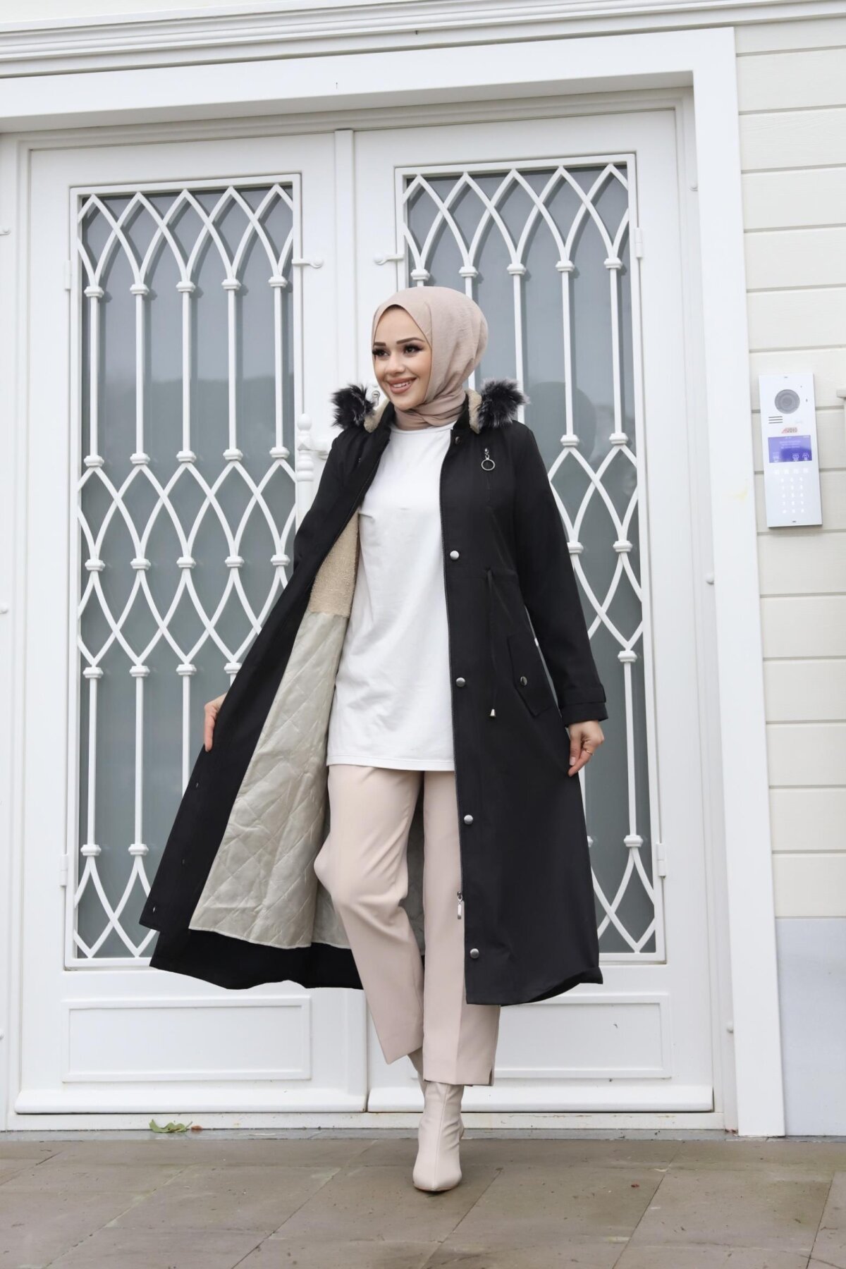 معطف أسود بتفاصيل سحاب مزدوج - Misskayle
