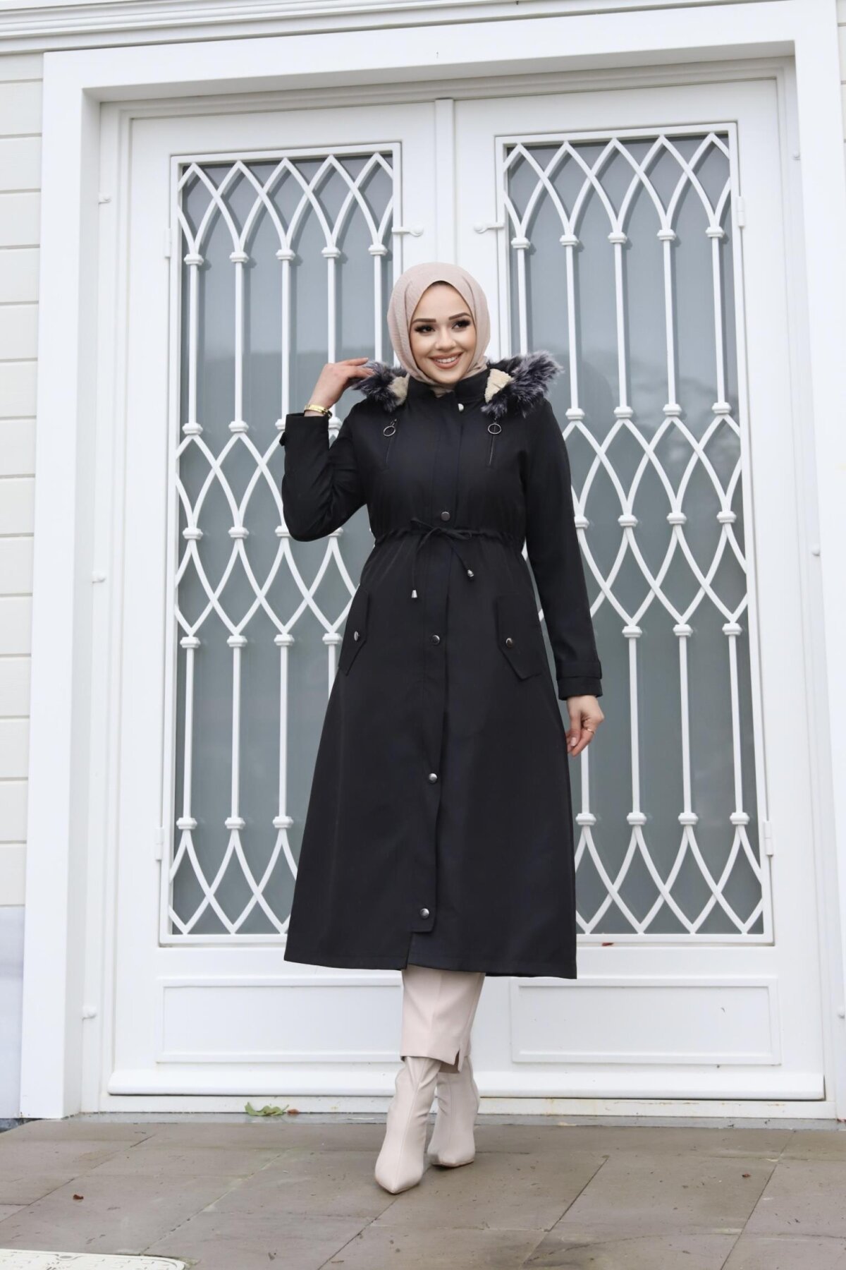 معطف أسود بتفاصيل سحاب مزدوج - Misskayle