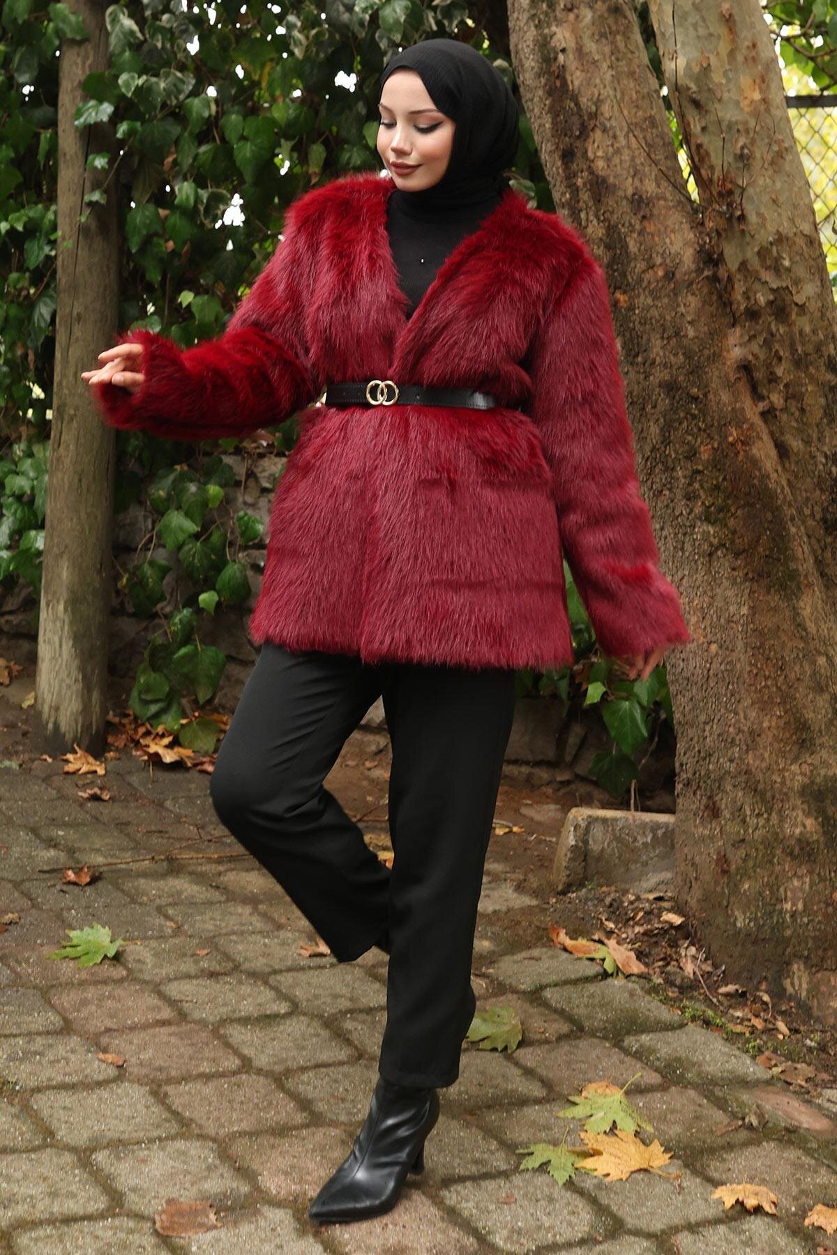 Bordo Kemerli Kürklü Tesettür Ceket - Missvalle