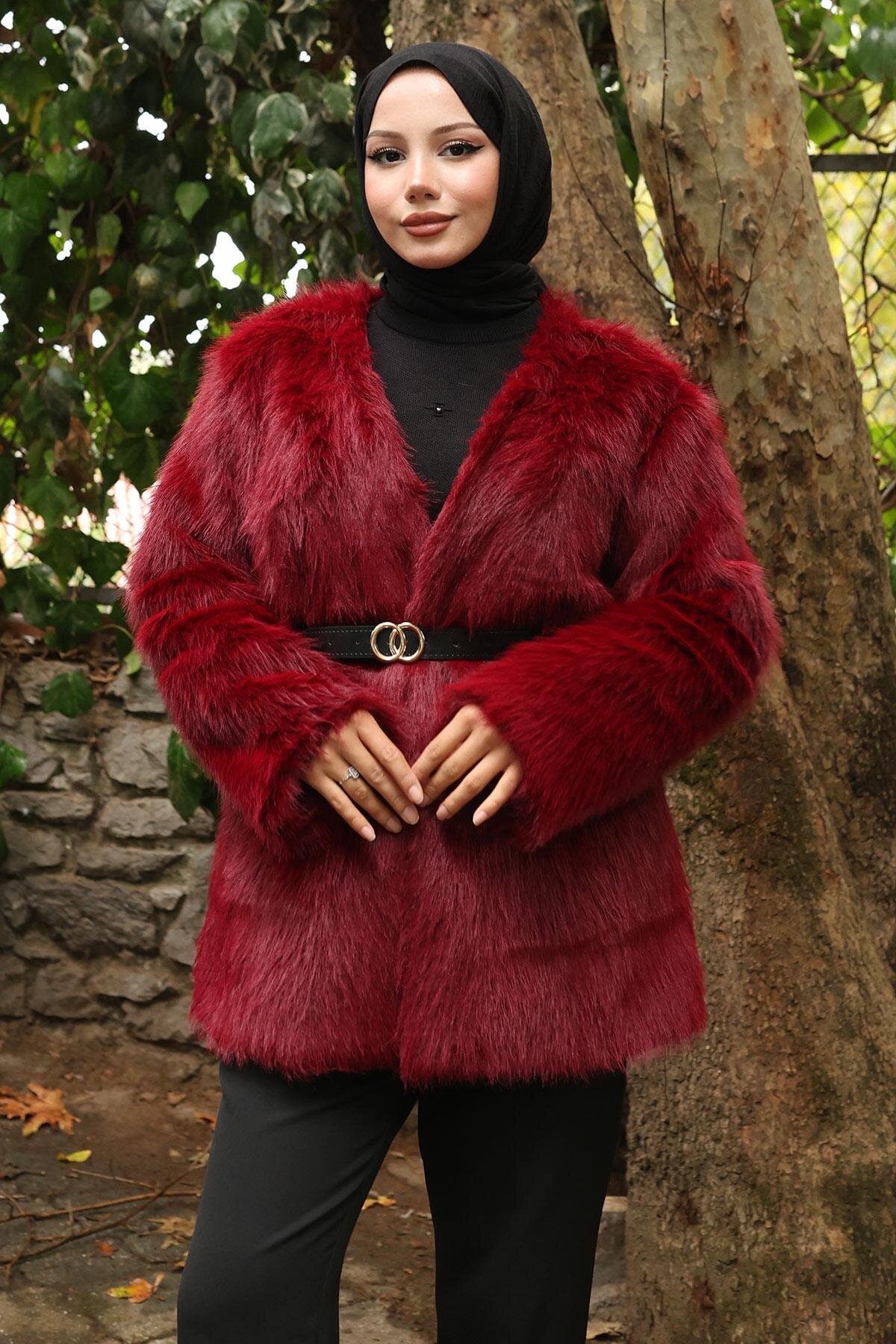 Fur Trim Belted Modest Jacket - Burgundy - Missvalle