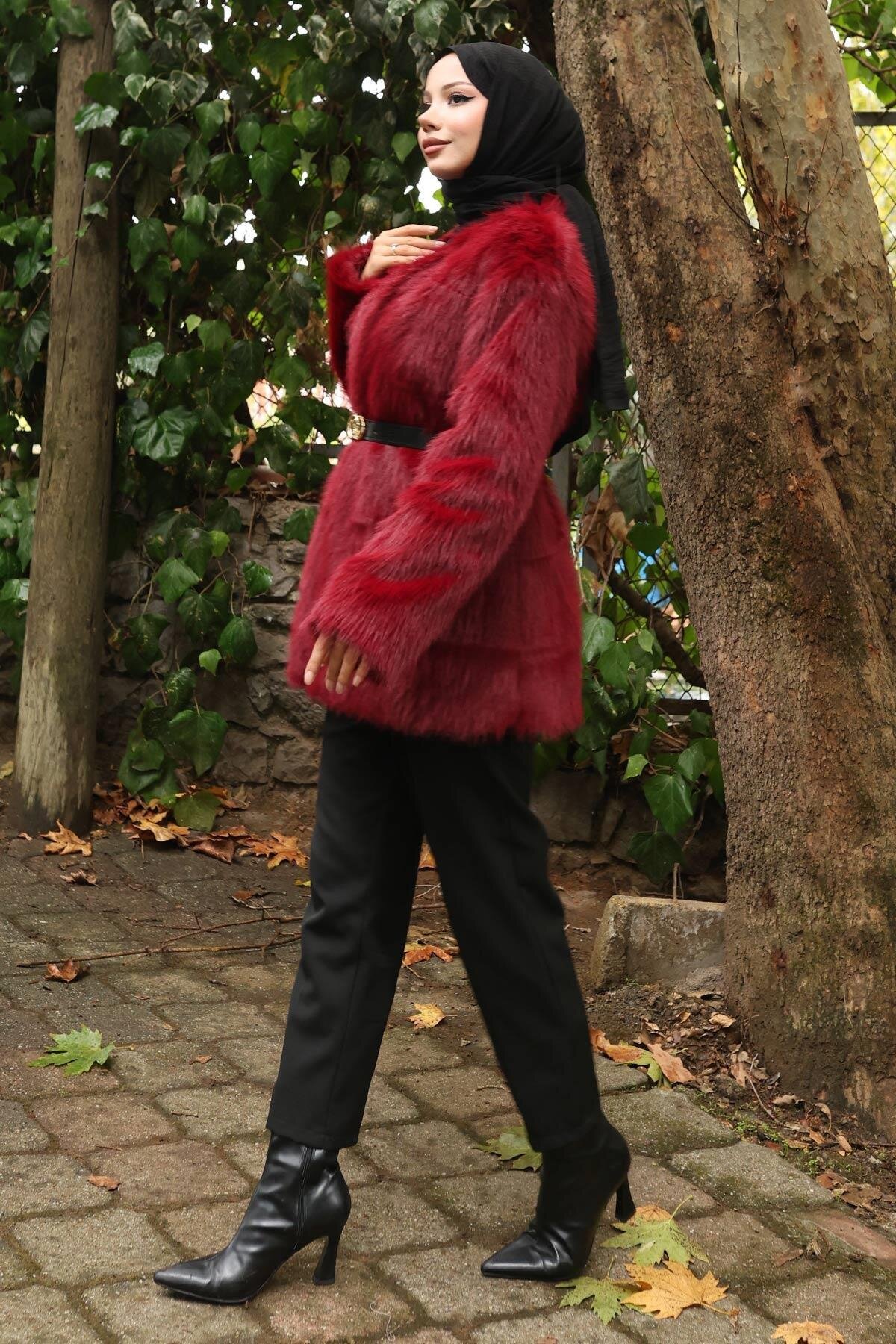 Fur Trim Belted Modest Jacket - Burgundy - Missvalle