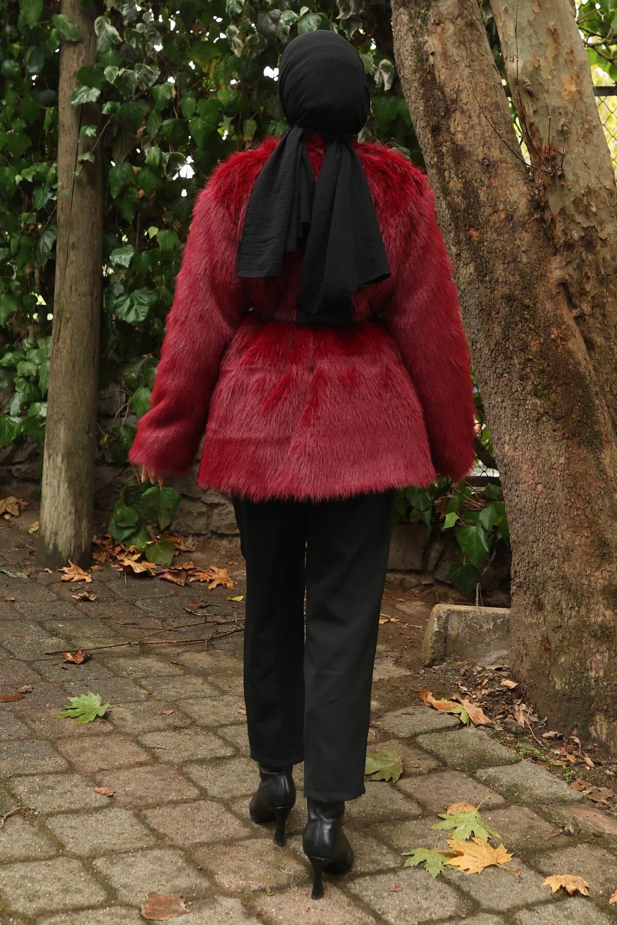 Fur Trim Belted Modest Jacket - Burgundy - Missvalle