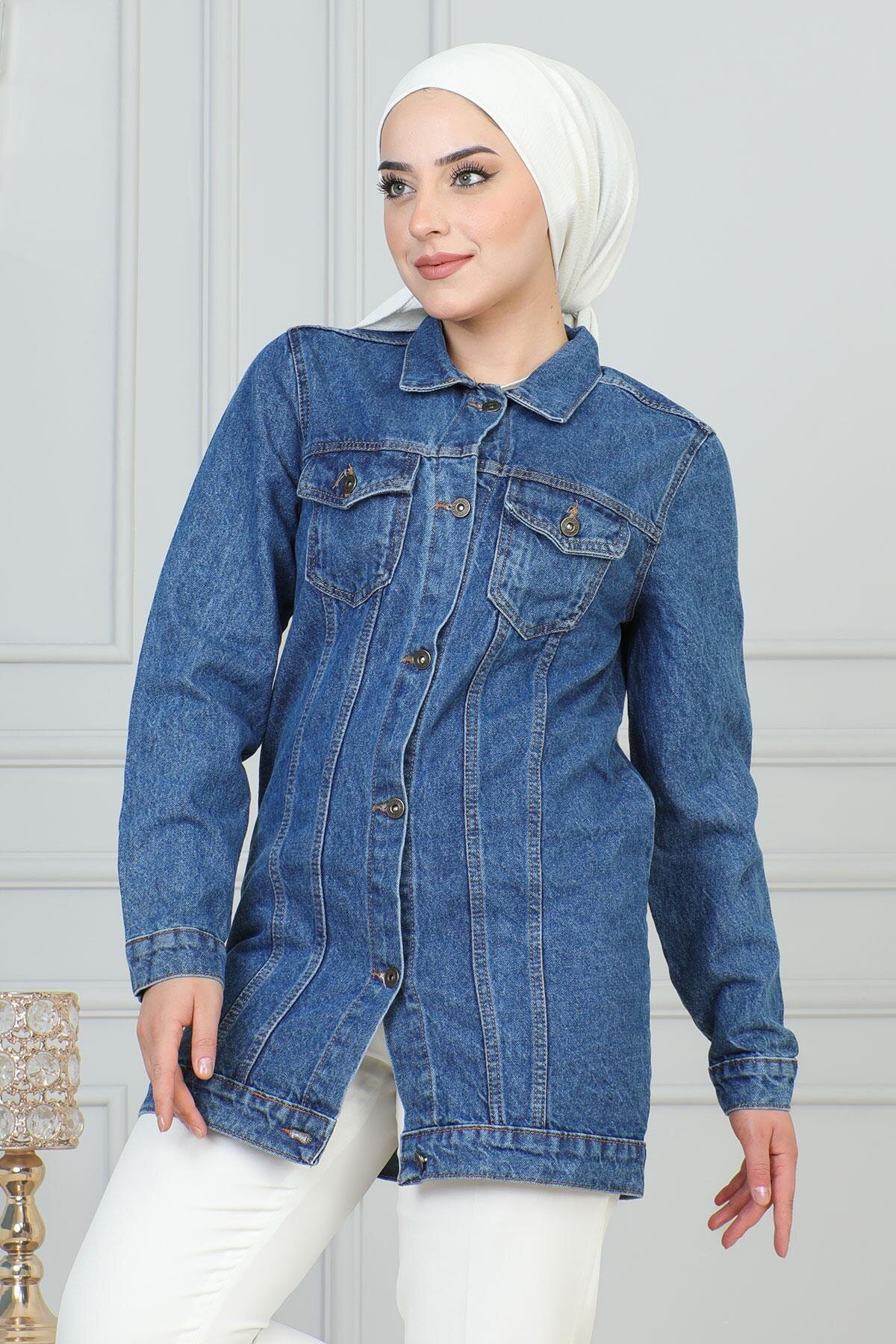 Denim Buttoned Modest Jacket - Light Blue - Modamihram