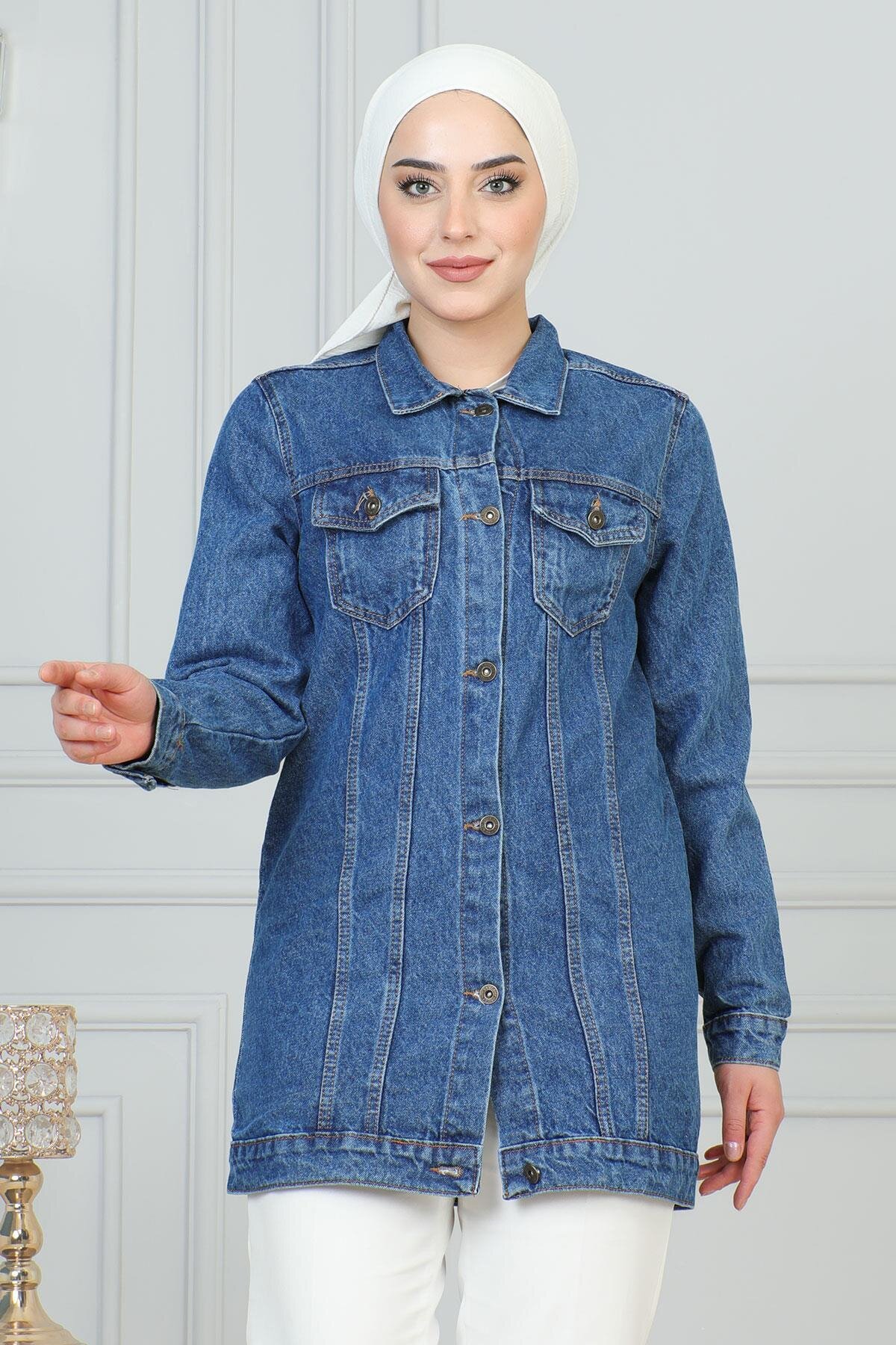 Denim Buttoned Modest Jacket - Light Blue - Modamihram
