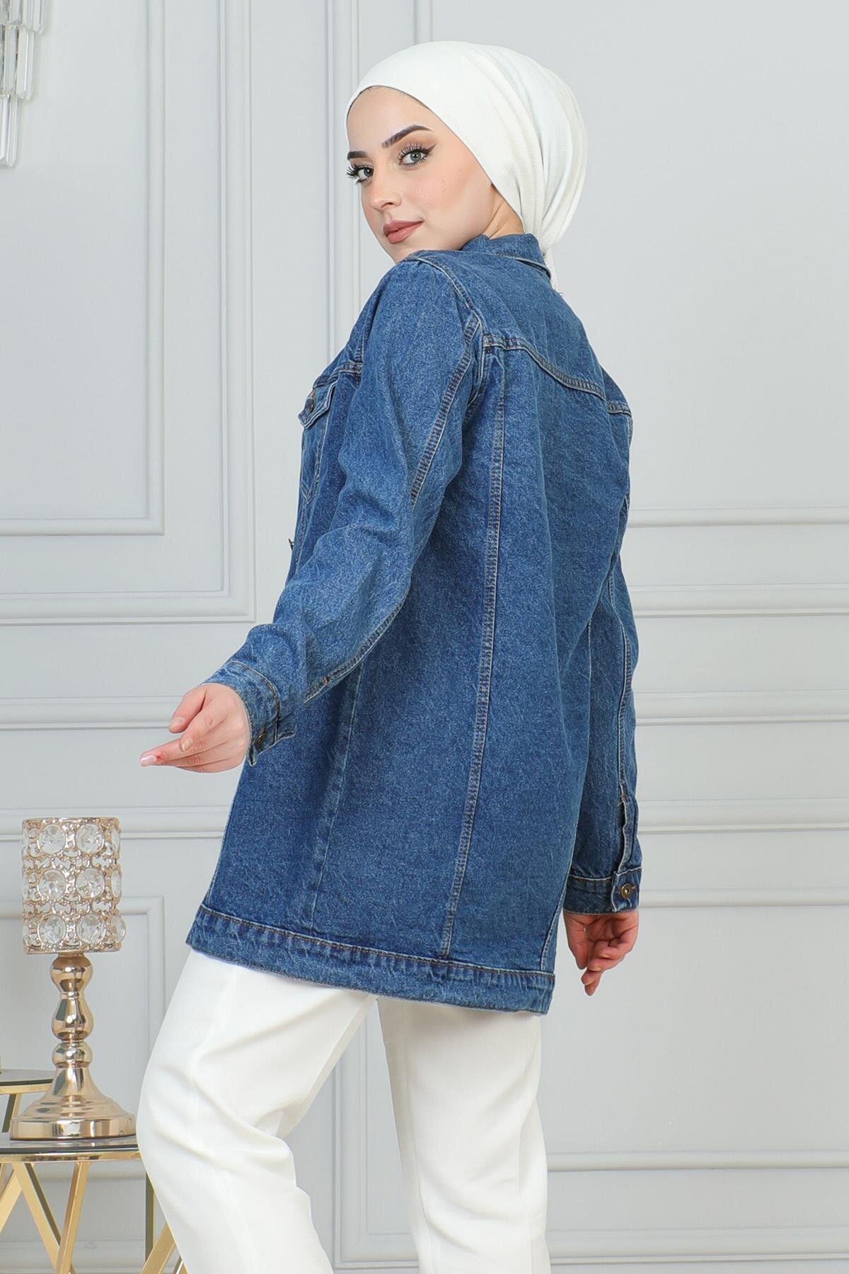 Denim Buttoned Modest Jacket - Light Blue - Modamihram
