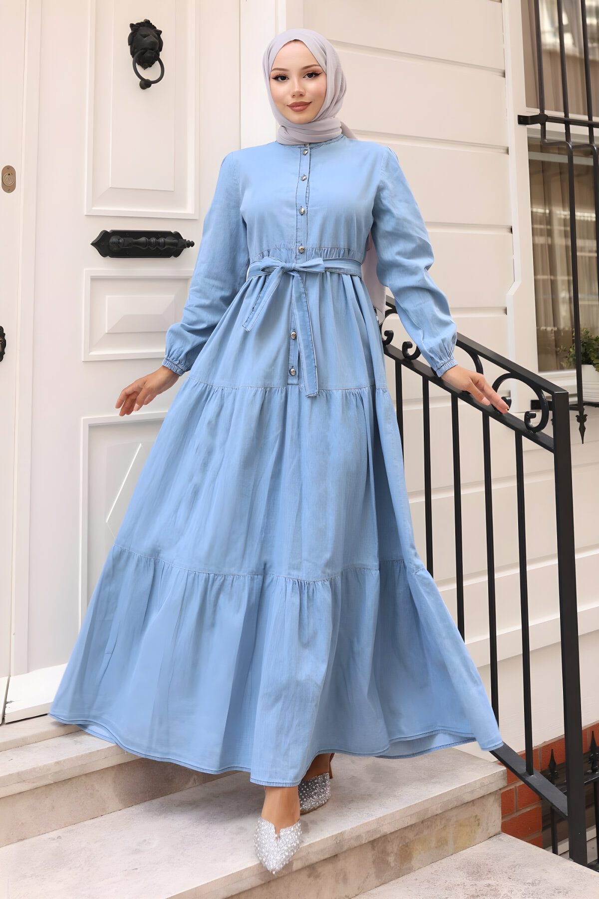 Denim Tiered Buttoned Modest Dress - Light Blue - Modamihram