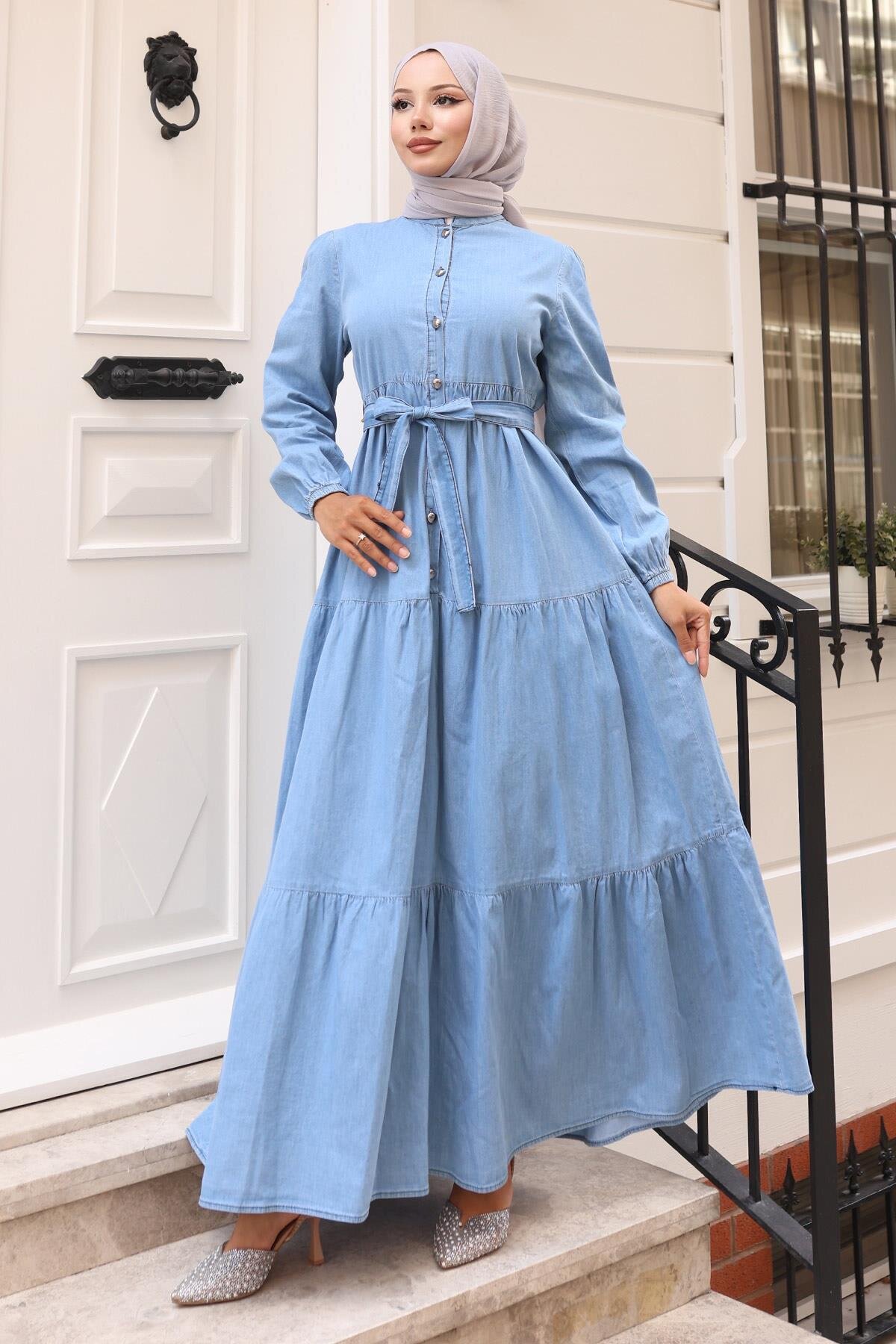Denim Tiered Buttoned Modest Dress - Light Blue - Modamihram