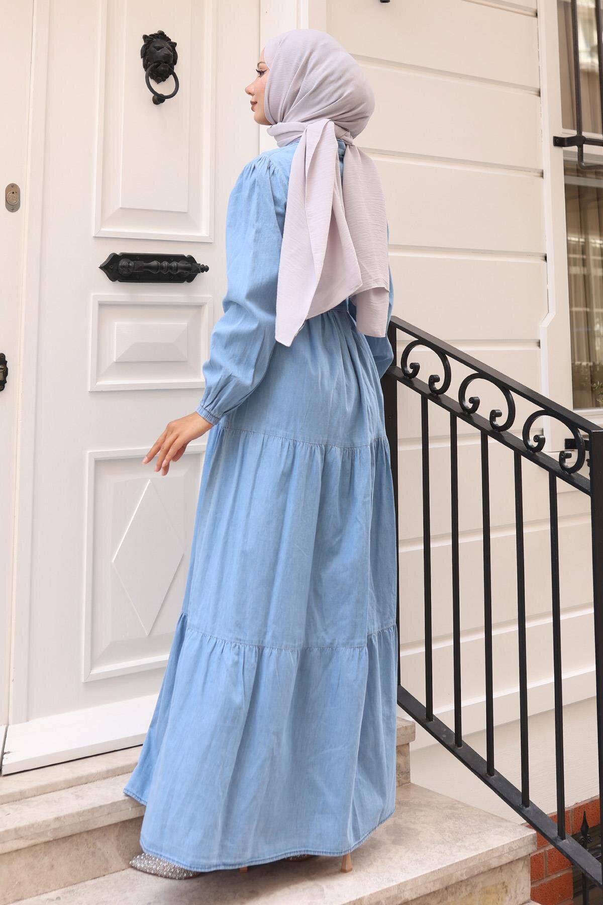 Denim Tiered Buttoned Modest Dress - Light Blue - Modamihram
