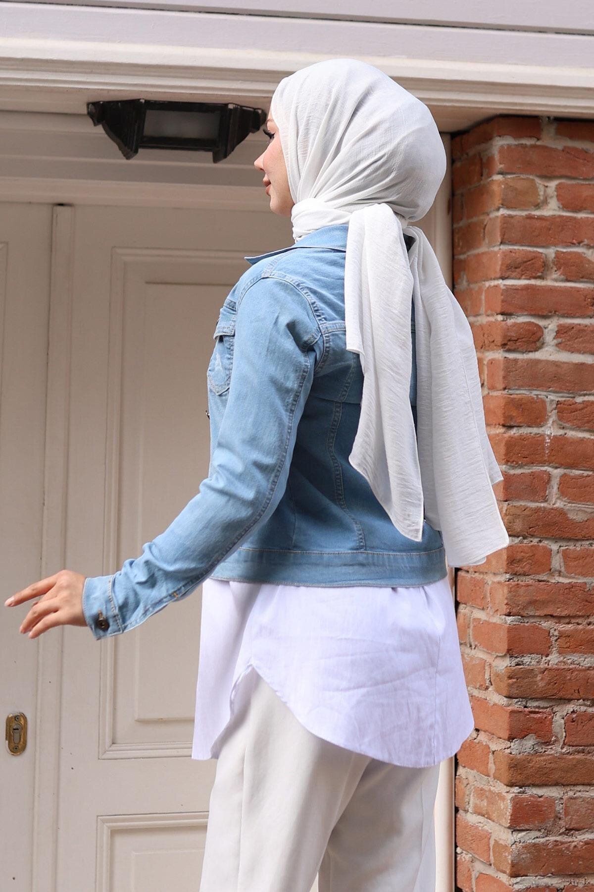 Denim Buttoned Jacket - Light Blue - Modamihram