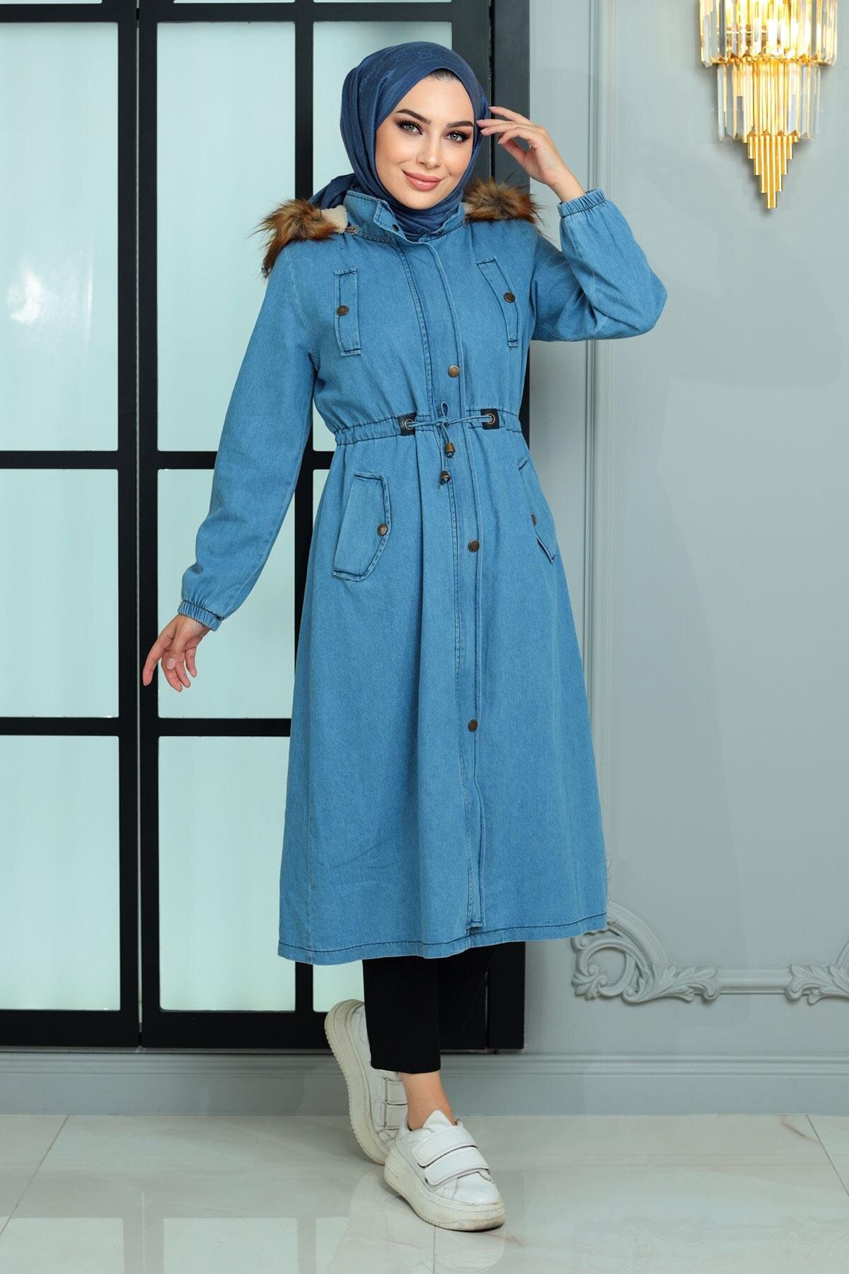 Denim Hooded Coat - Light Blue - Modamihram