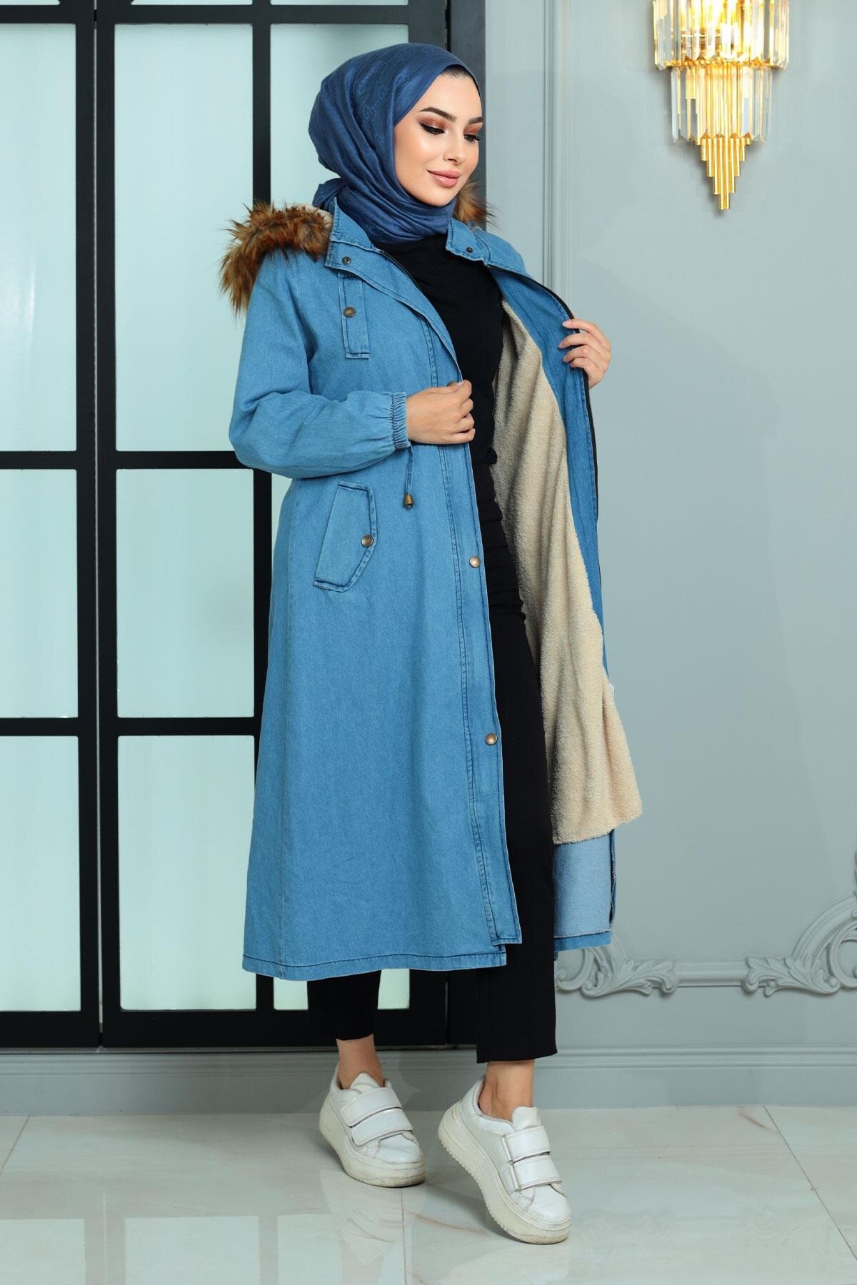Denim Hooded Coat - Light Blue - Modamihram
