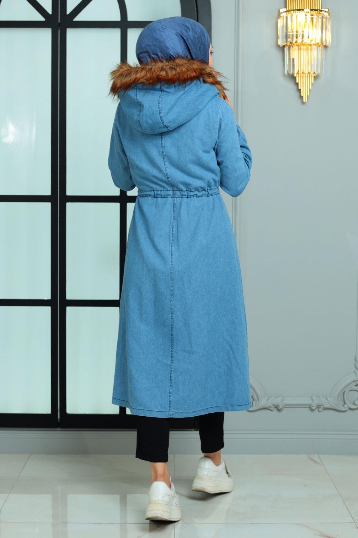 Denim Hooded Coat - Light Blue - Modamihram
