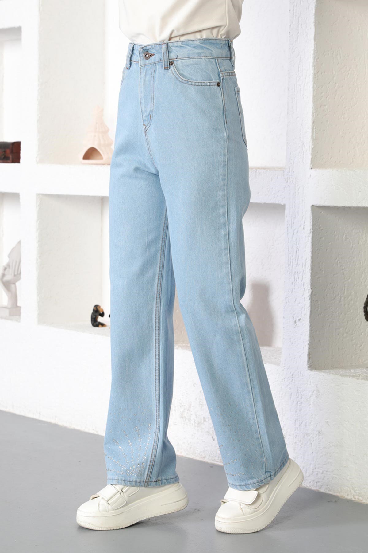Denim Stone-Detail Modest Pants - Light Blue - Modamihram