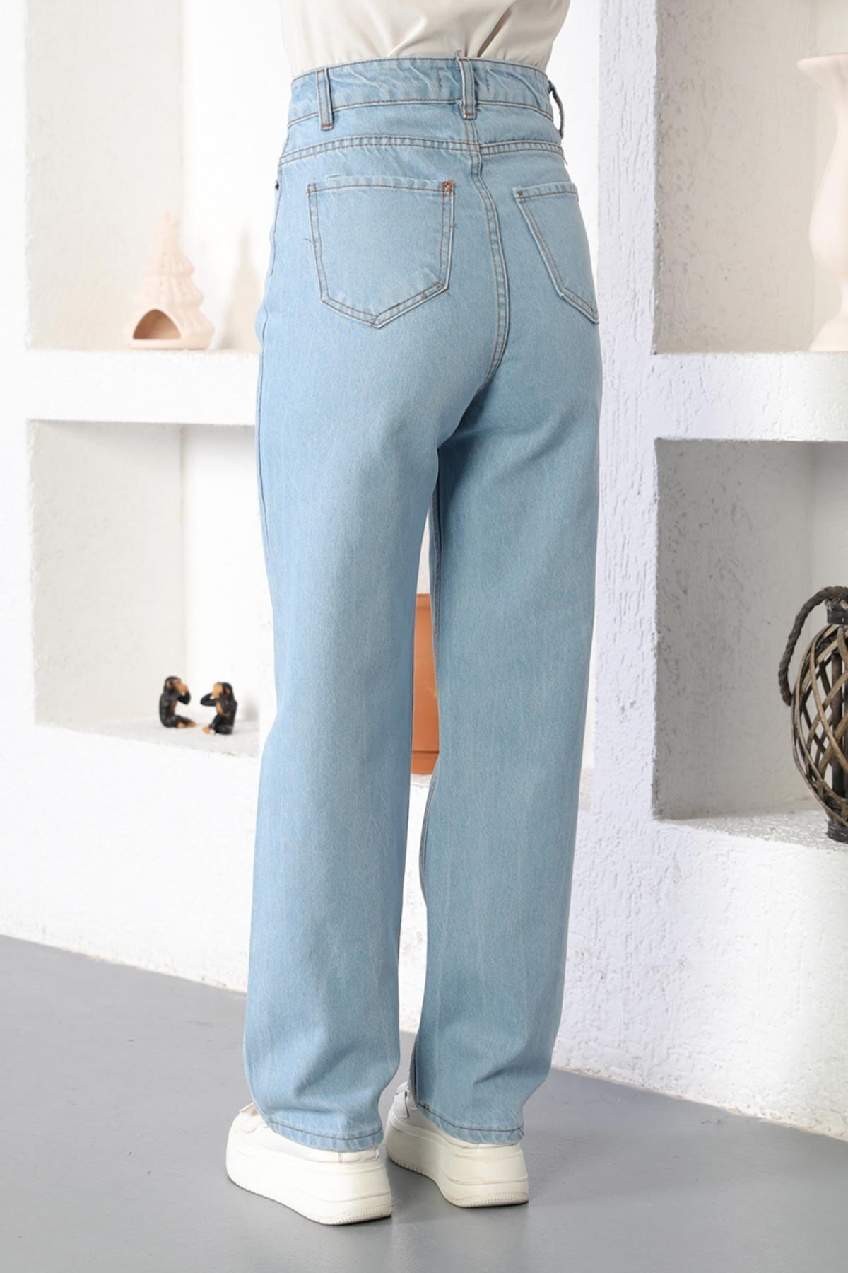 Denim Stone-Detail Modest Pants - Light Blue - Modamihram