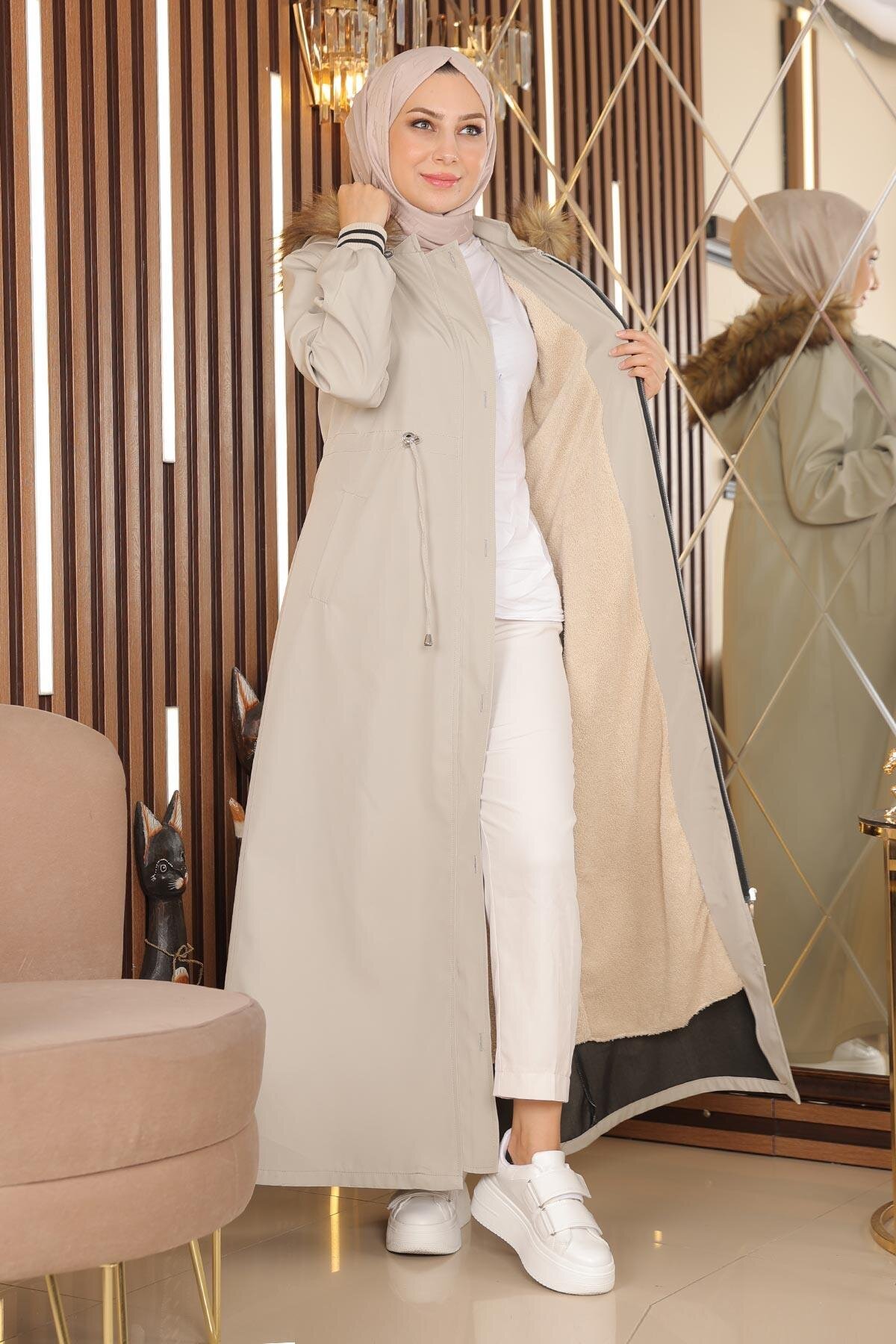 Plus Size Ribbed Hooded Coat - Beige - Modamihram