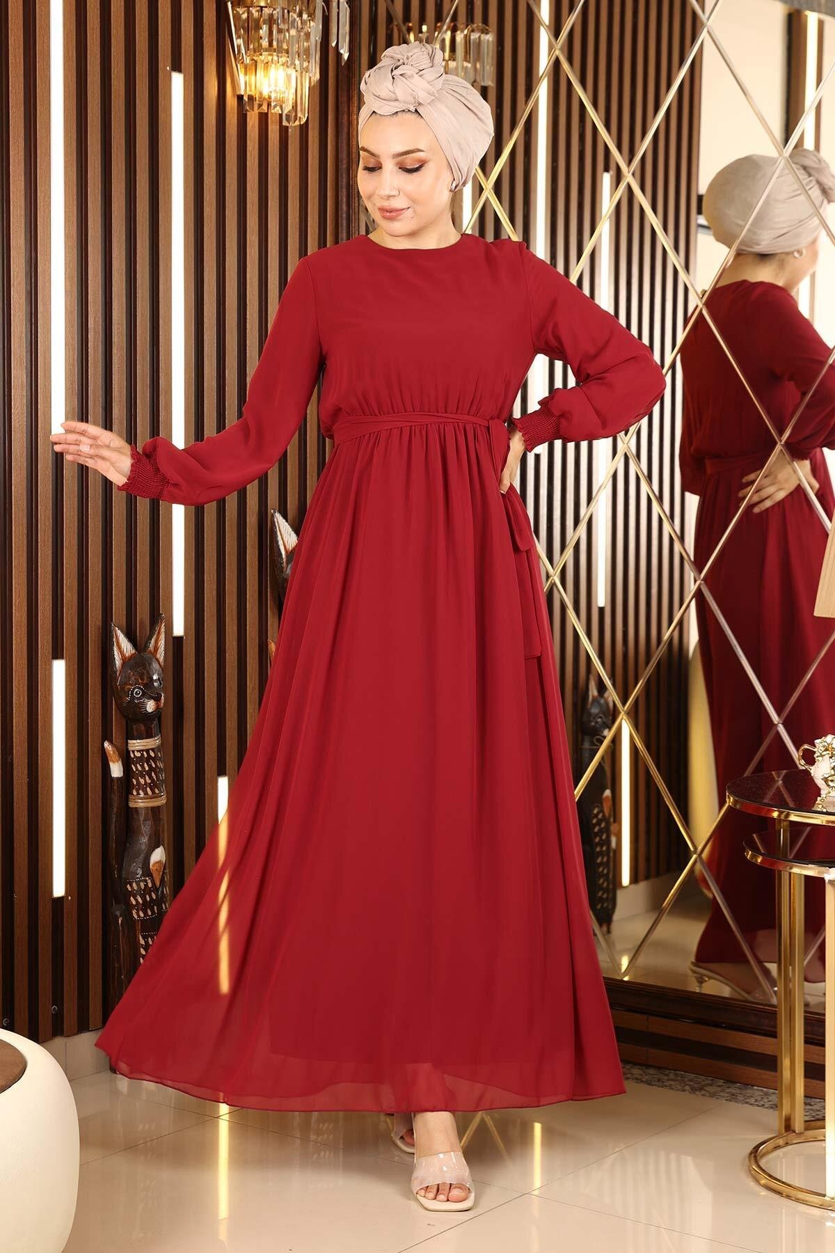 Bordo Şifon Manşeti Lastikli Tesettür Abiye Elbise - Modamihram