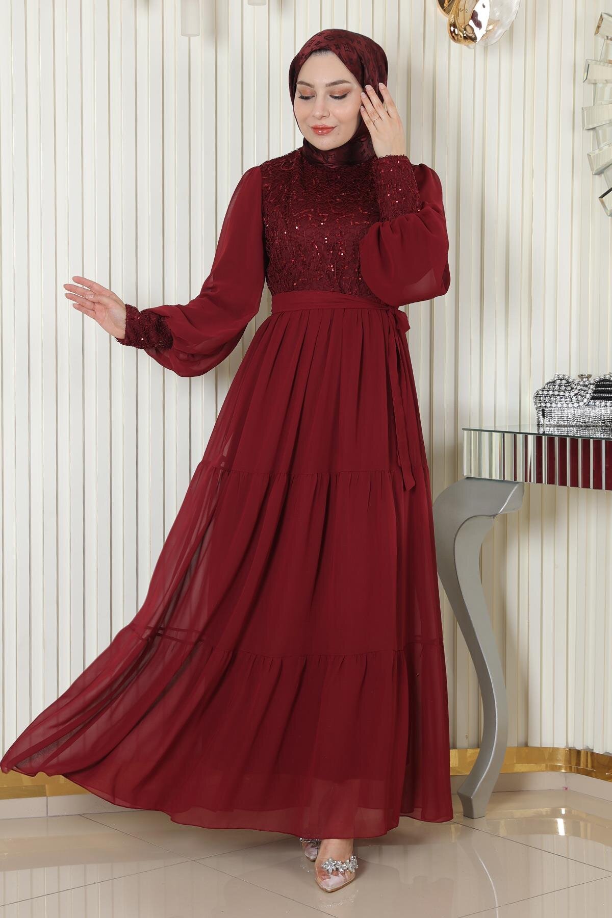 Bordo Şifon Pulpayetli Tesettür Abiye Elbise - Modamihram
