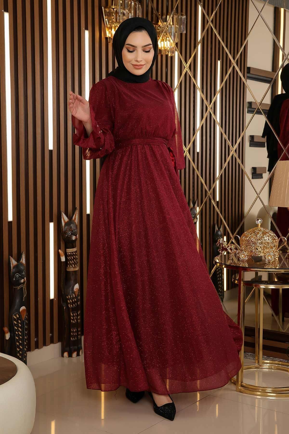 Modest Shimmering Chiffon Stone Detail Evening Dress - Burgundy - Modamihram