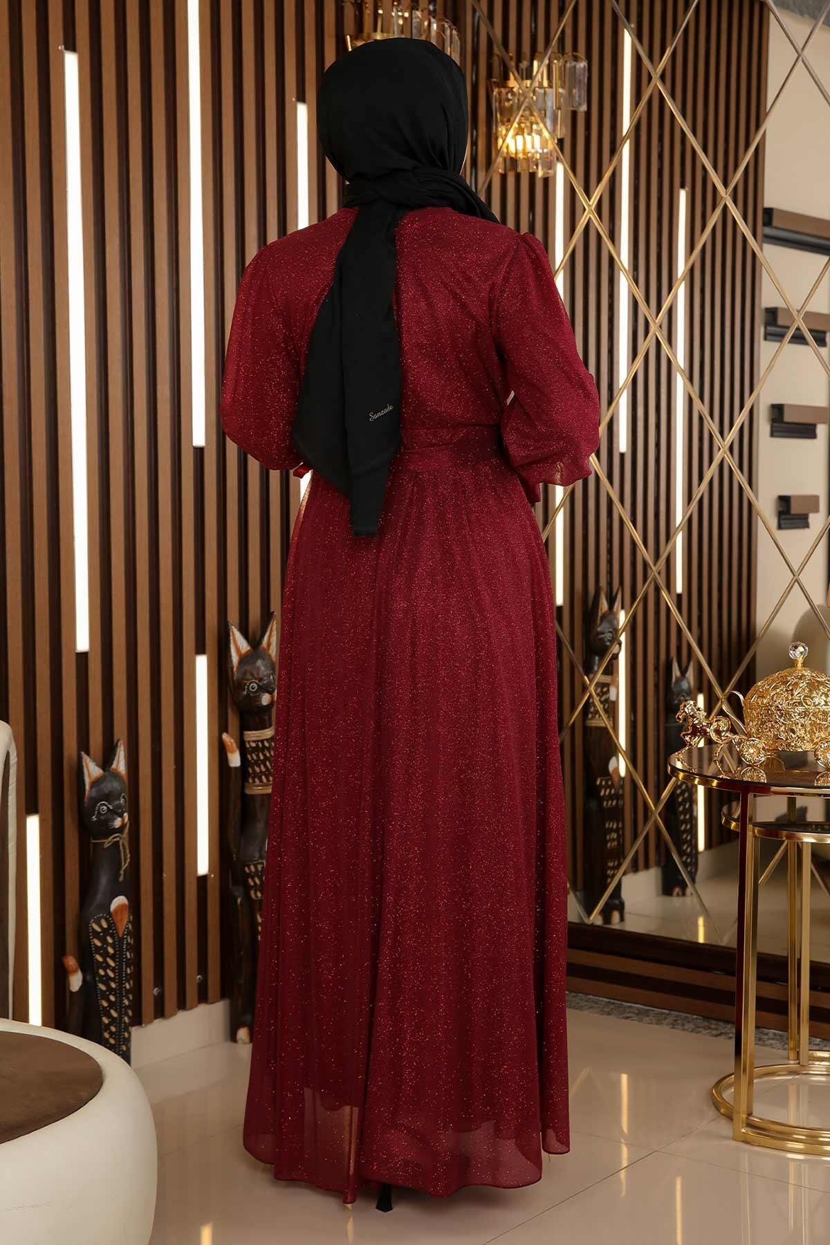 Modest Shimmering Chiffon Stone Detail Evening Dress - Burgundy - Modamihram