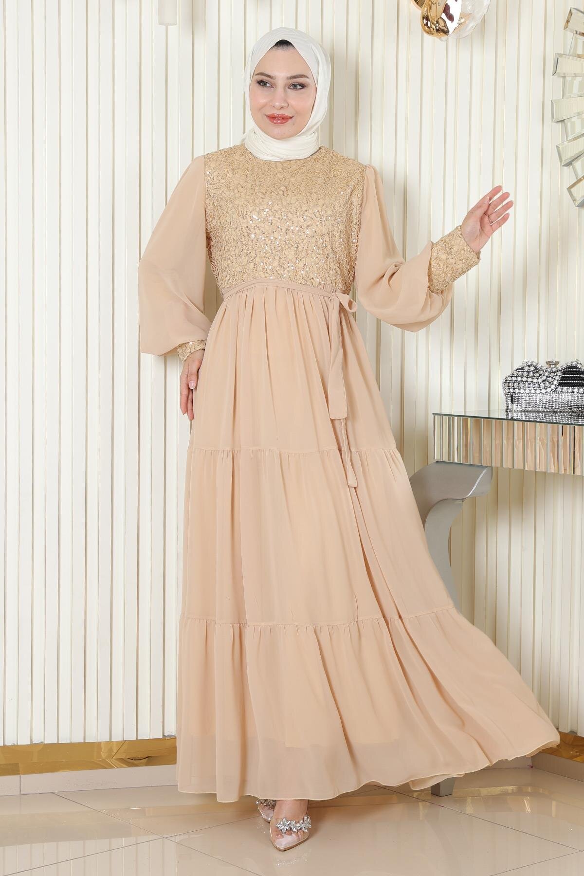 Gold Pulpayetli Şifon Tesettür Abiye Elbise - Modamihram