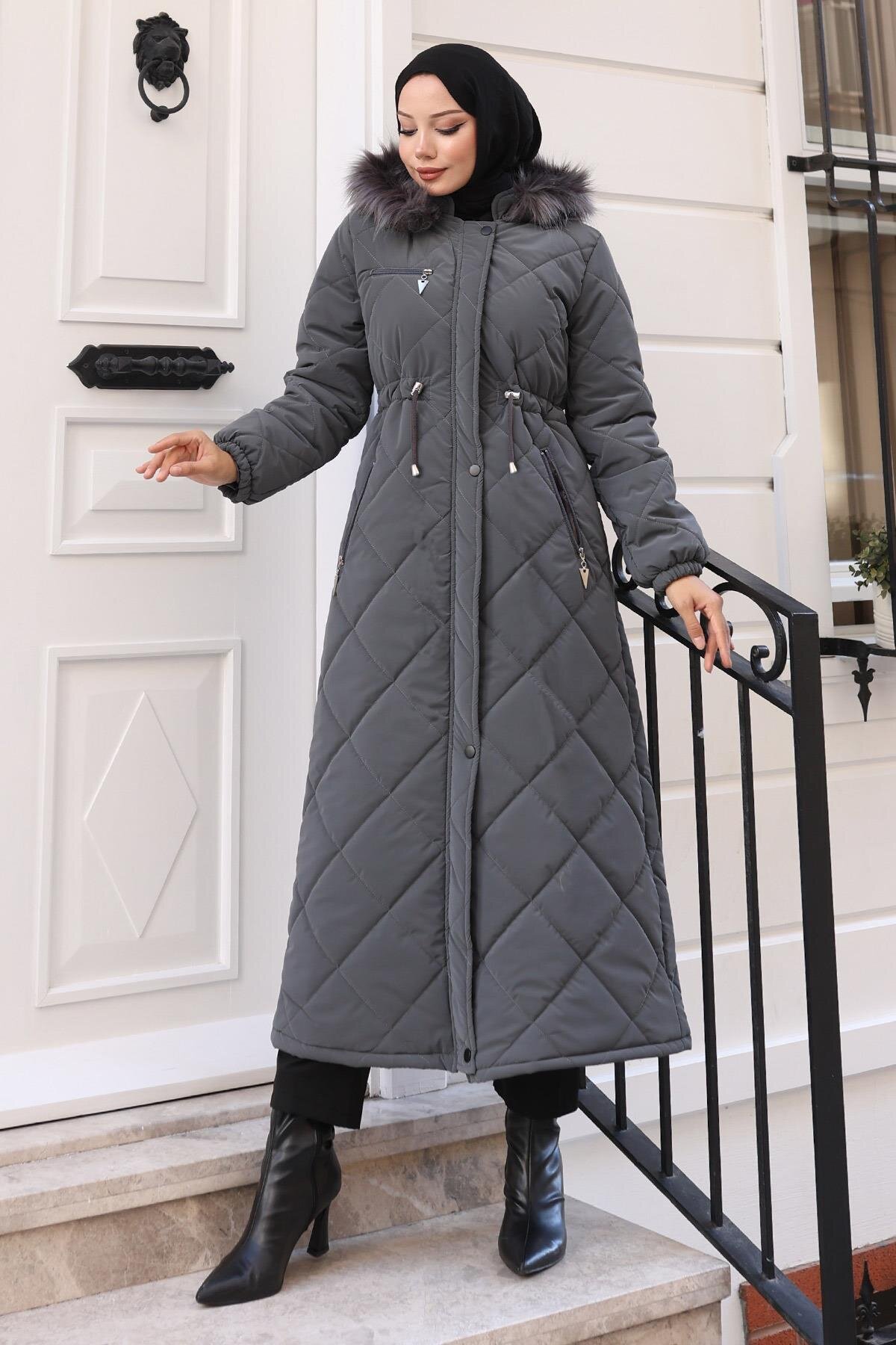 Quilted Hooded Zippered Coat - Gray - Modamihram