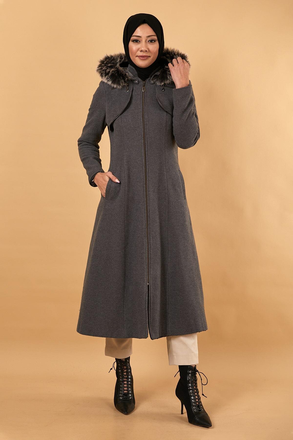 Gri Kaşe Fermuarlı Kapüşonlu Kaban - Modamihram