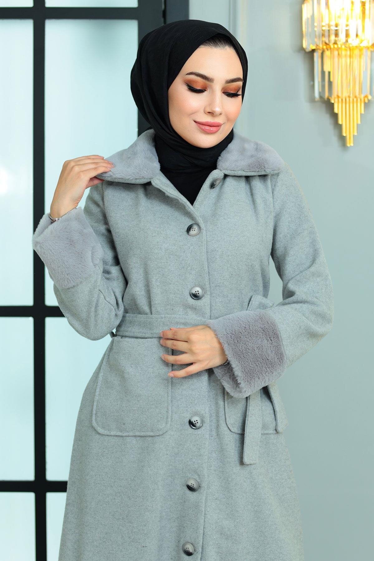 Melton Fur-Detail Coat - Gray - Modamihram