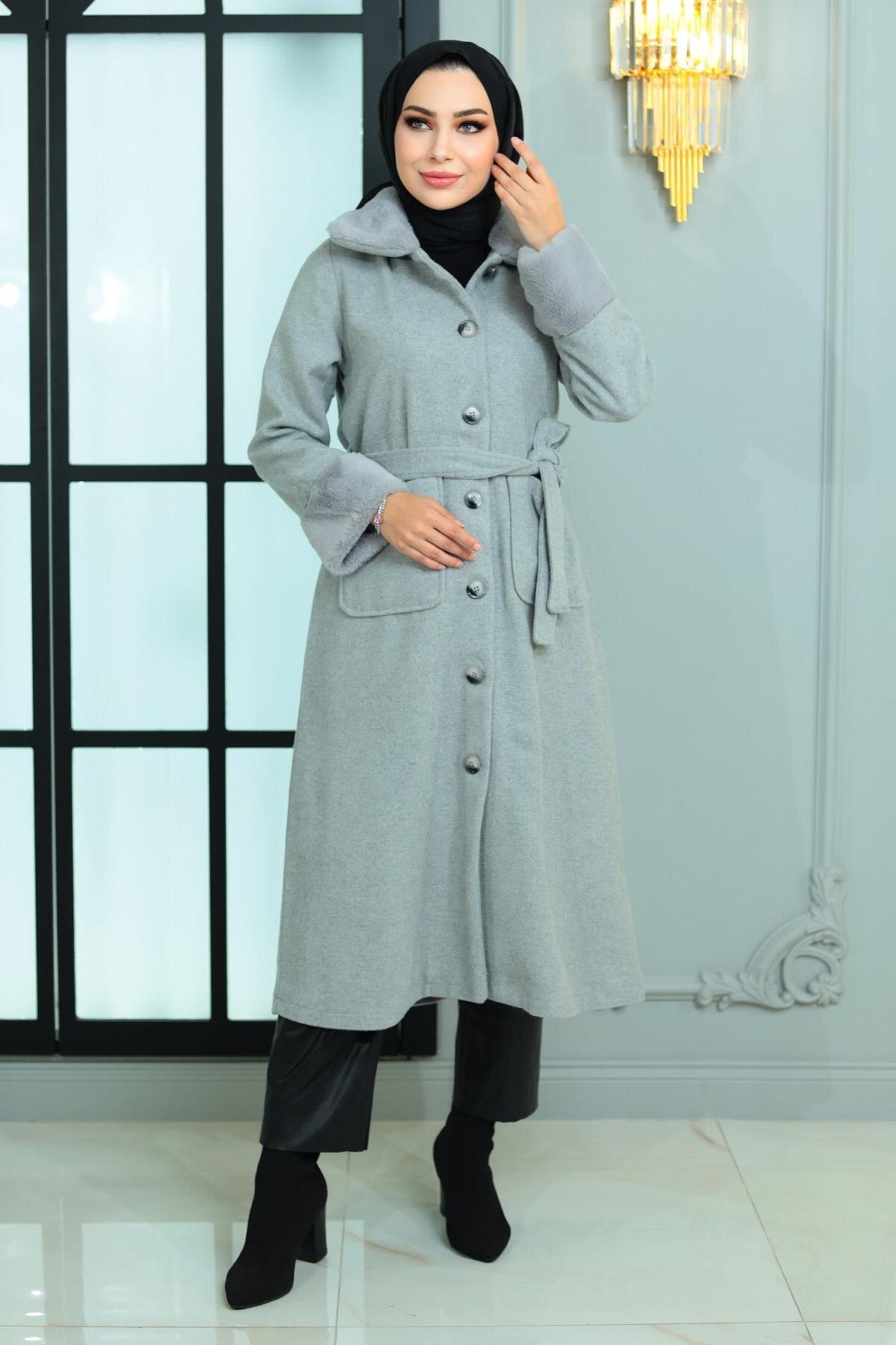 Melton Fur-Detail Coat - Gray - Modamihram