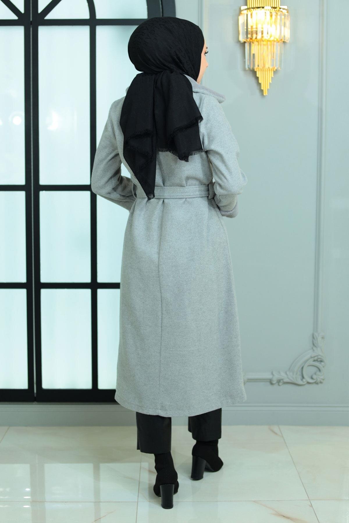 Melton Fur-Detail Coat - Gray - Modamihram