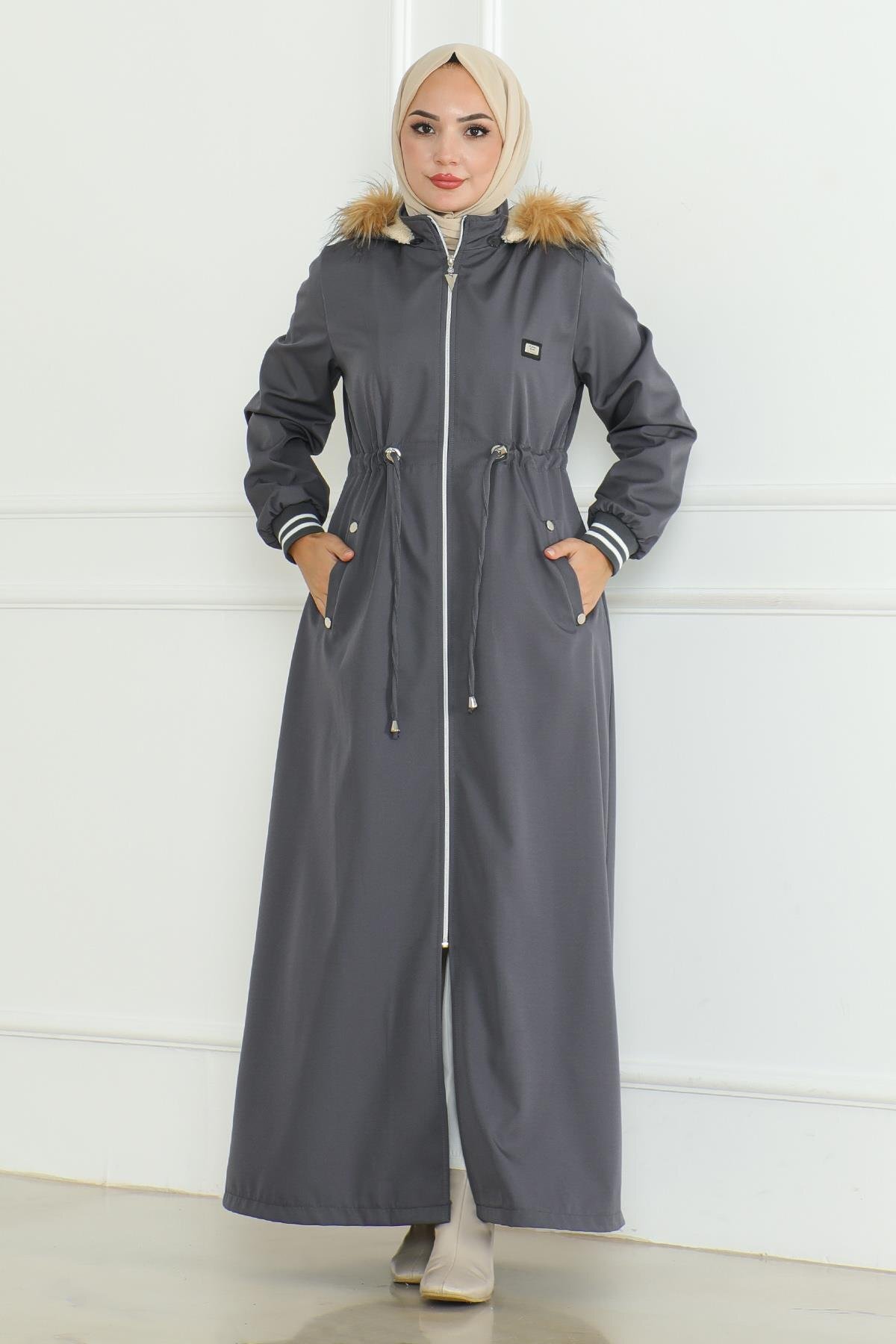 Ribbed Drawstring Waist Coat - Grey - Modamihram