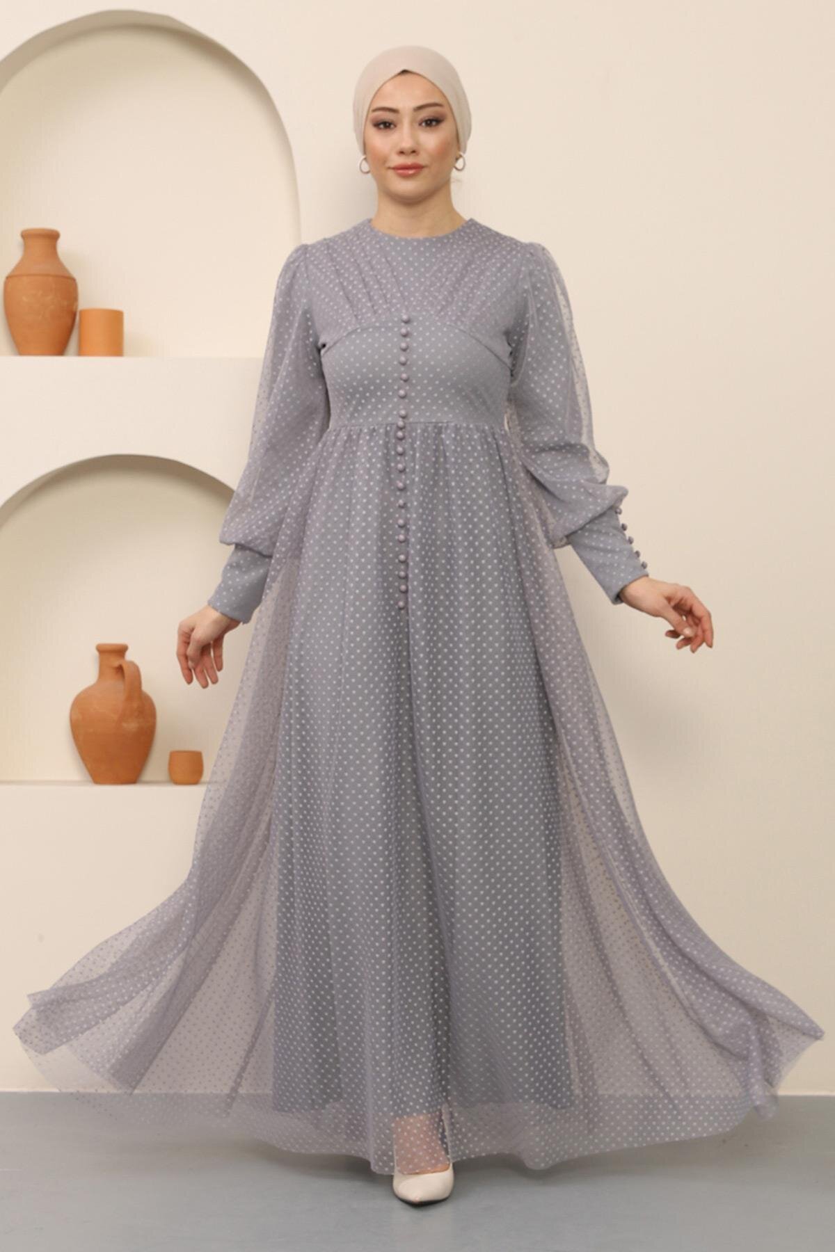 Gri Tesettür Düğme Detaylı Tül Abiye Elbise - Modamihram