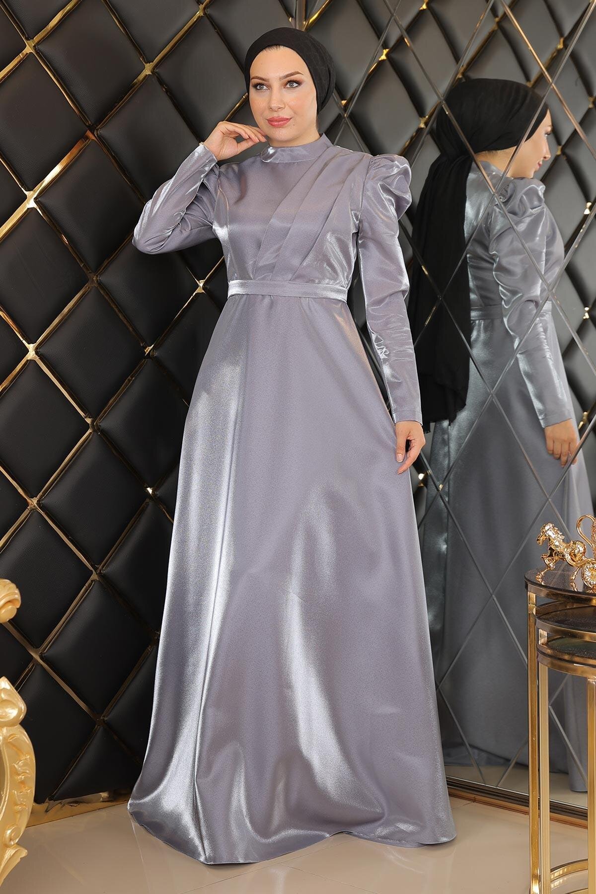 Gri Tesettür Göğsü Drapeli Abiye Elbise - Modamihram