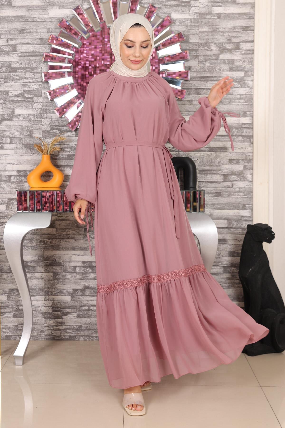 Gül Kurusu Dantel Detaylı Şifon Tesettür Abiye Elbise - Modamihram