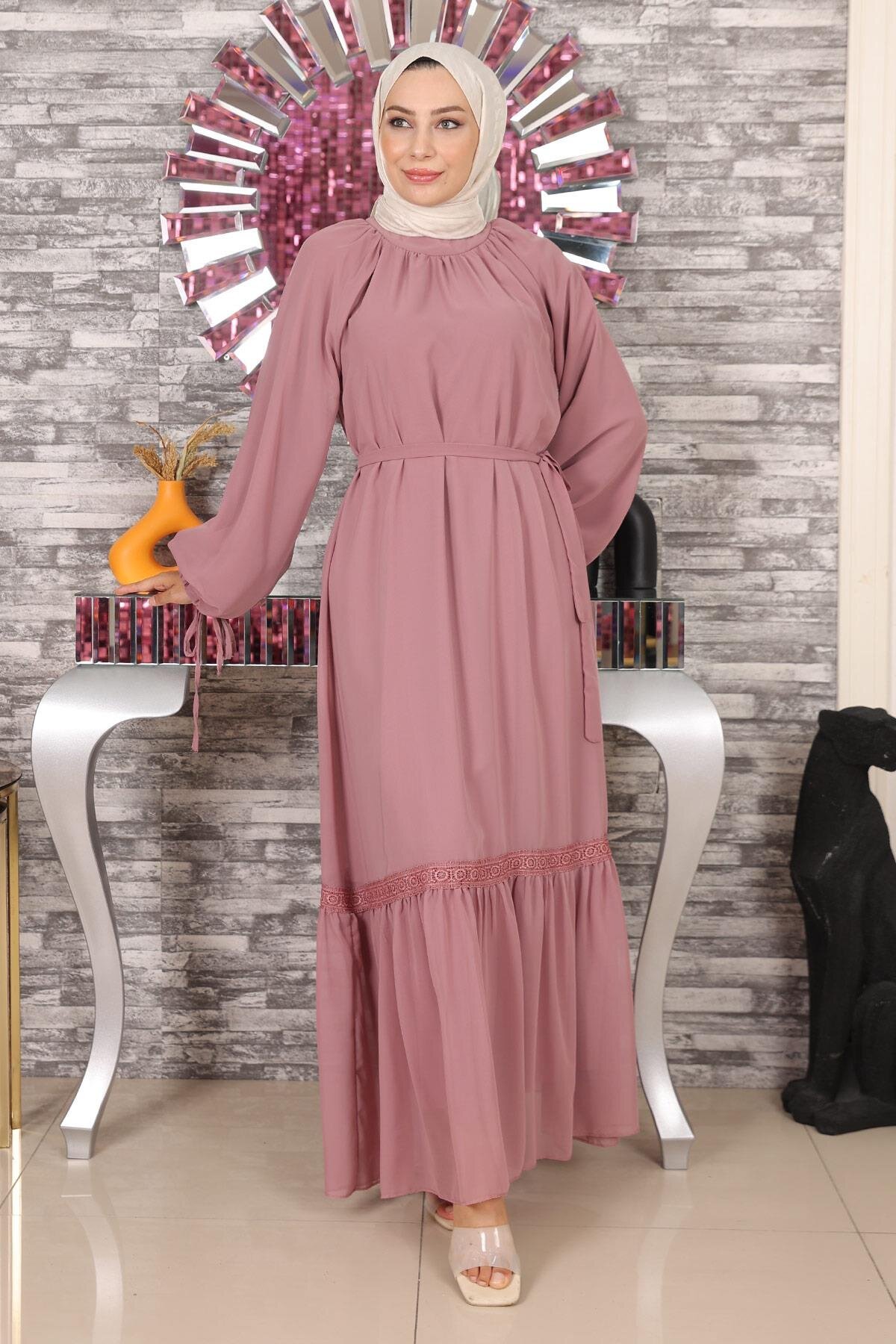 Modest Chiffon Lace-Detail Evening Dress - Dusty Rose - Modamihram