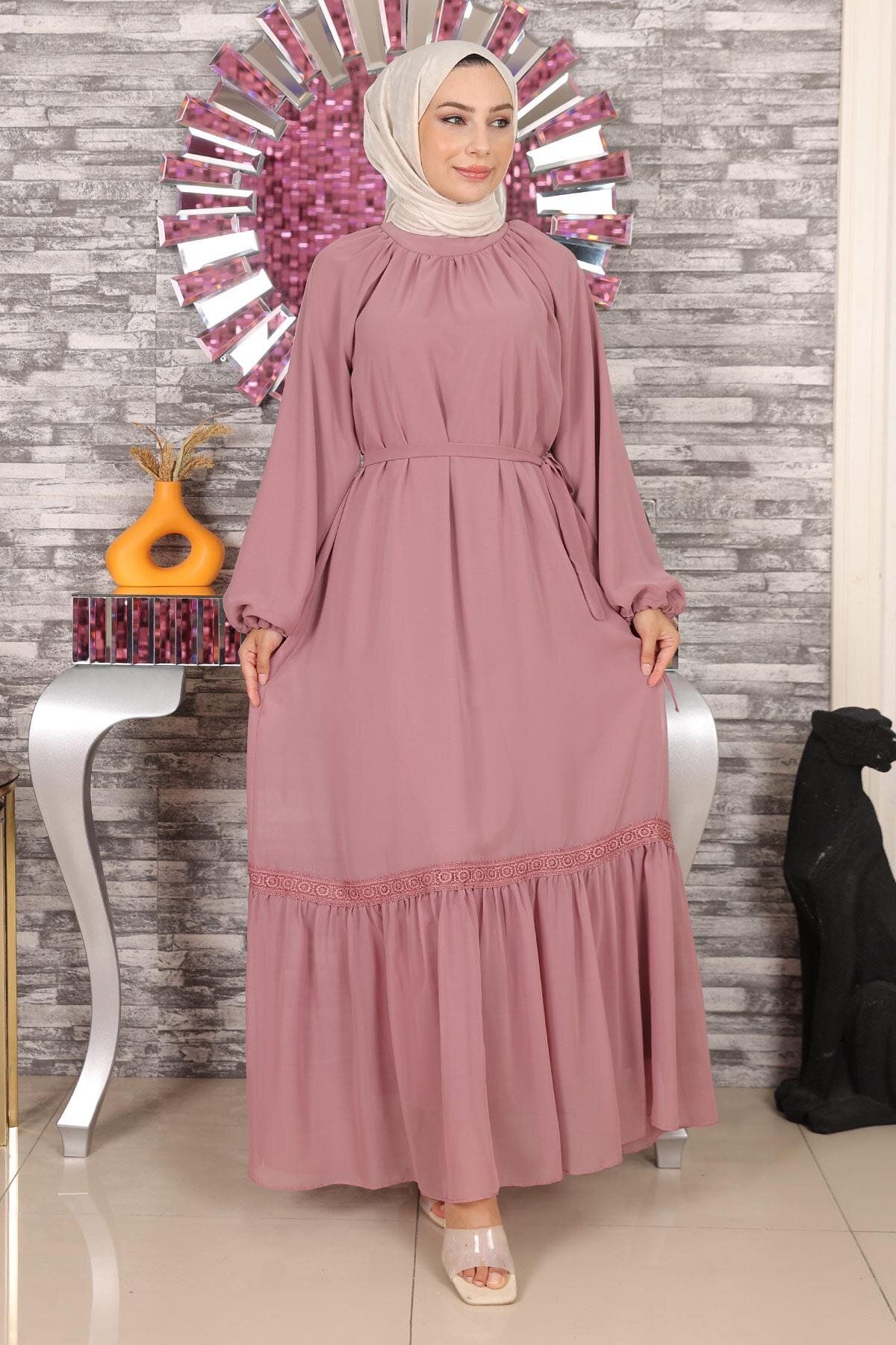 Modest Chiffon Lace-Detail Evening Dress - Dusty Rose - Modamihram