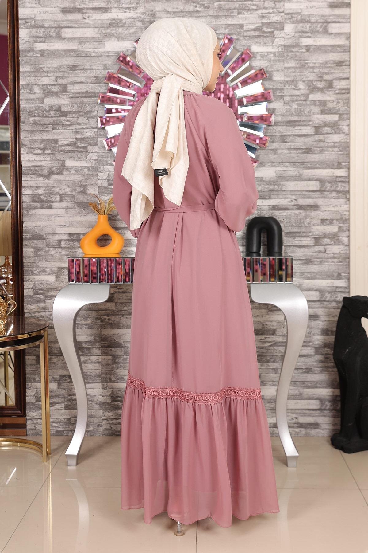 Modest Chiffon Lace-Detail Evening Dress - Dusty Rose - Modamihram