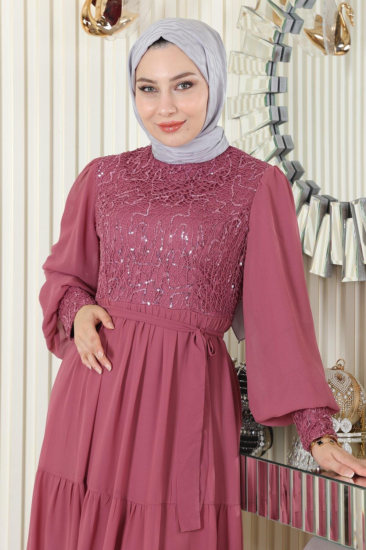 Modest Sequined Chiffon Evening Dress - Dusty Rose - Modamihram