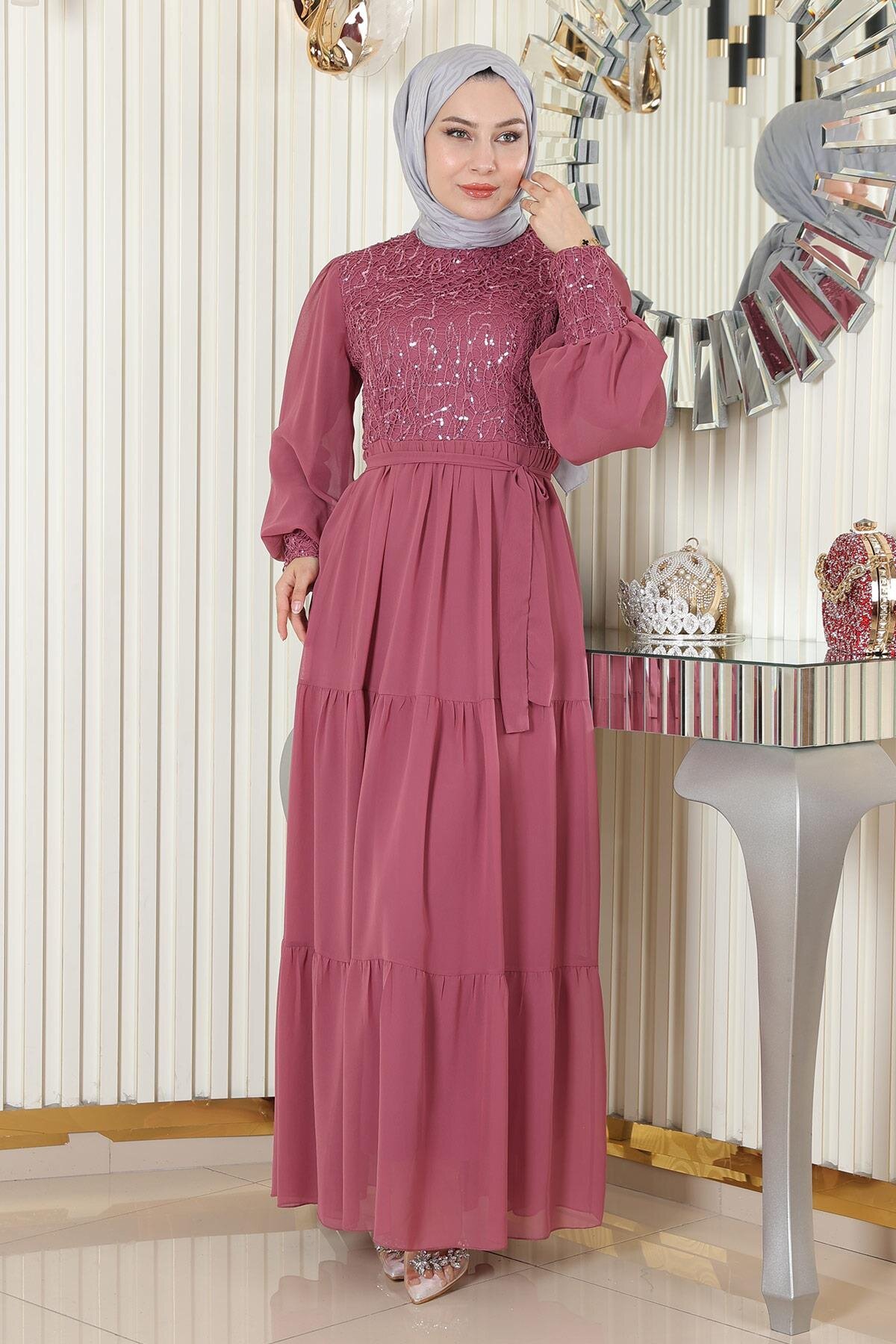 Modest Sequined Chiffon Evening Dress - Dusty Rose - Modamihram