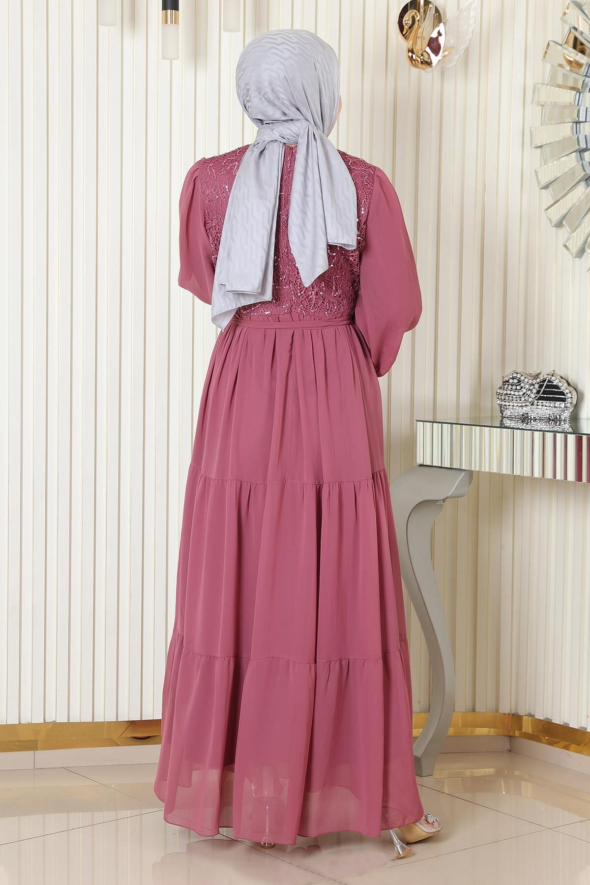Modest Sequined Chiffon Evening Dress - Dusty Rose - Modamihram