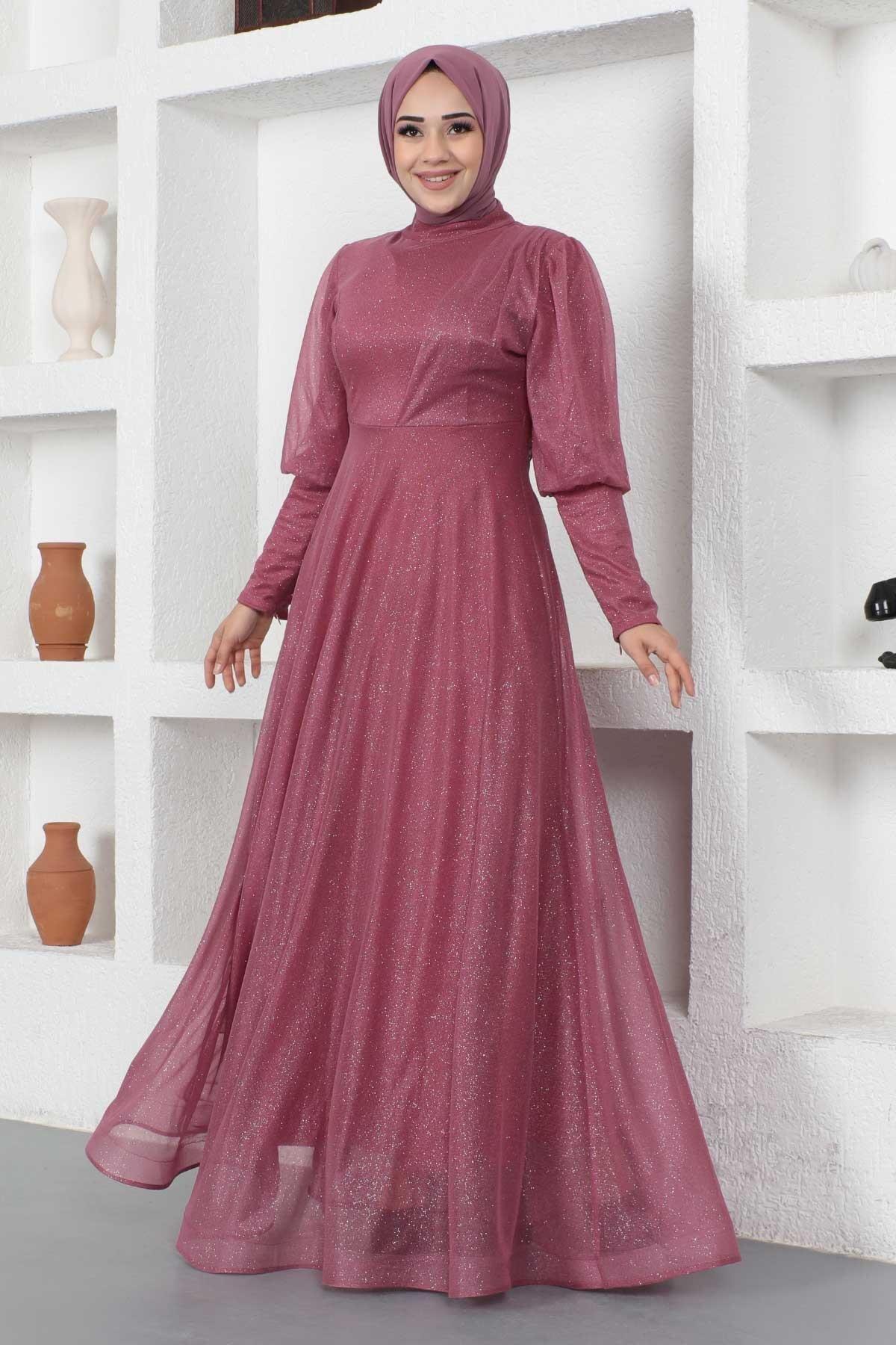 Modest Shimmery Zipper Cuff Detail Evening Gown - Dusty Rose - Modamihram