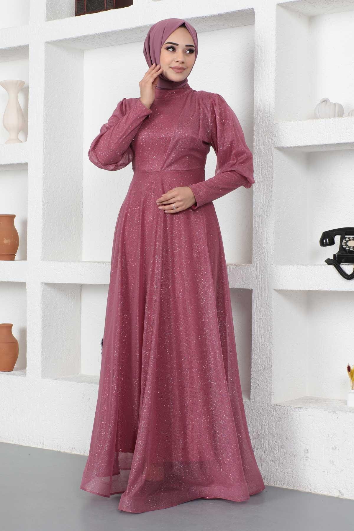 Modest Shimmery Zipper Cuff Detail Evening Gown - Dusty Rose - Modamihram