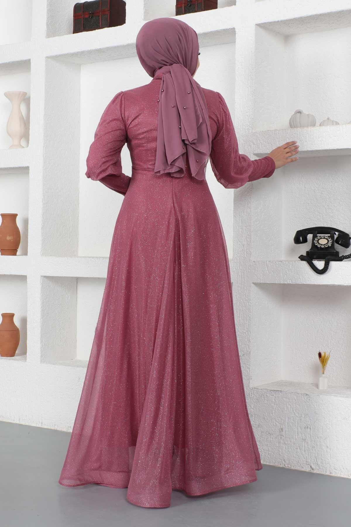 Modest Shimmery Zipper Cuff Detail Evening Gown - Dusty Rose - Modamihram