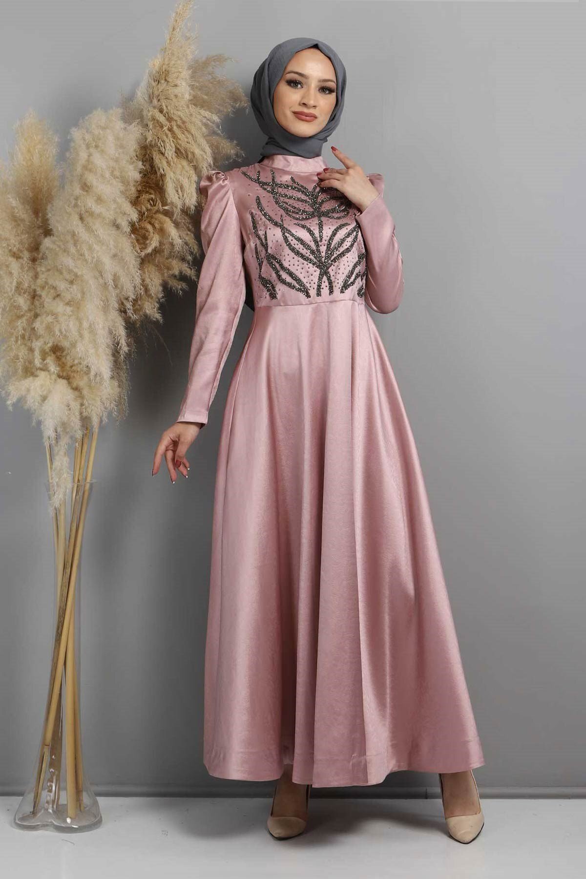 Modest Burn-out Pattern Stone-Embellished Evening Dress - Dusty Rose - Modamihram