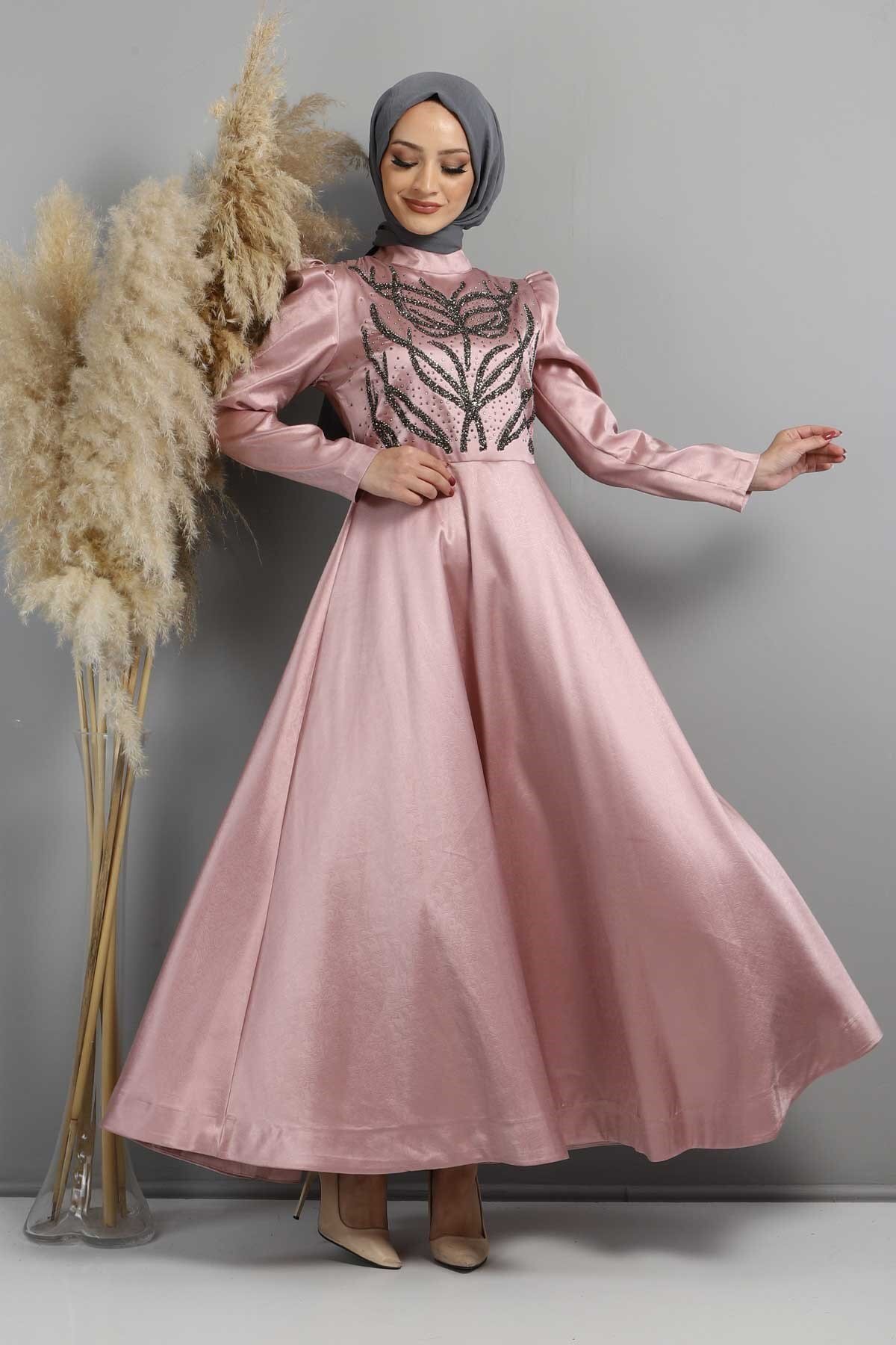 Modest Burn-out Pattern Stone-Embellished Evening Dress - Dusty Rose - Modamihram