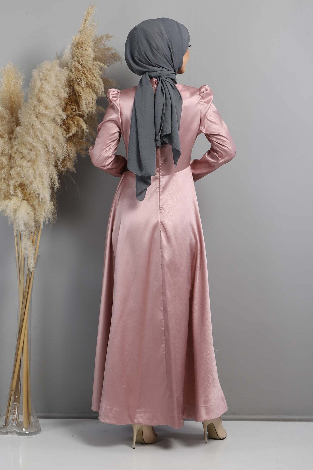 Modest Burn-out Pattern Stone-Embellished Evening Dress - Dusty Rose - Modamihram