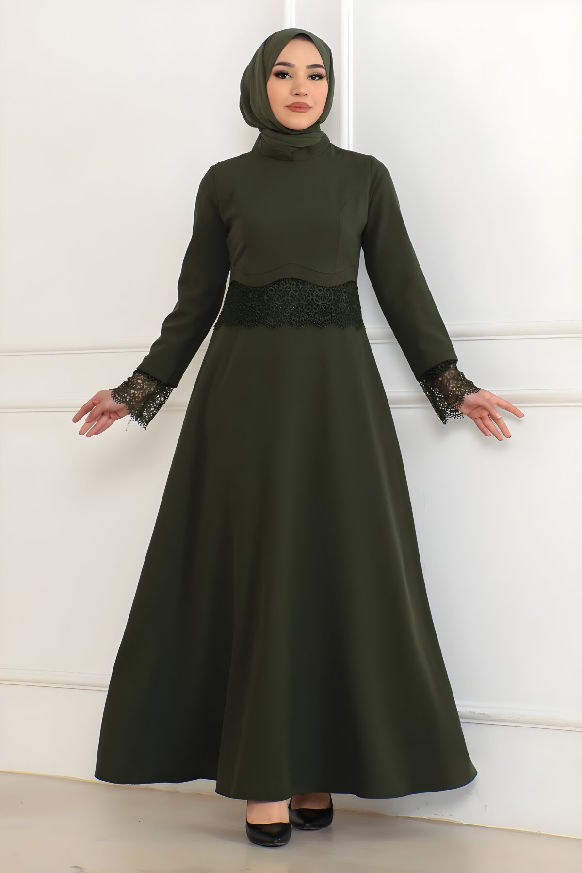 Modest Lace Detailed Dress - Khaki - Modamihram