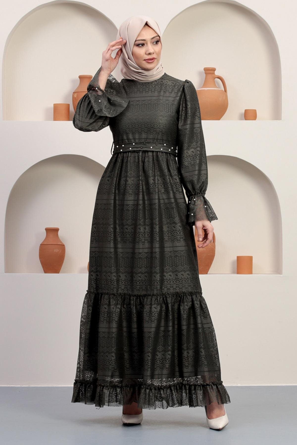 Haki Dantel İnci Detaylı Tesettür Abiye Elbise - Modamihram