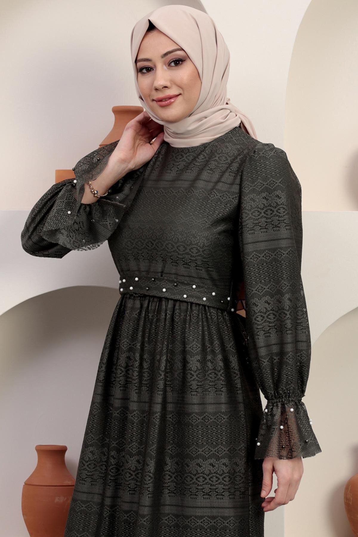 Modest Lace Pearl-Detail Evening Dress - Khaki - Modamihram