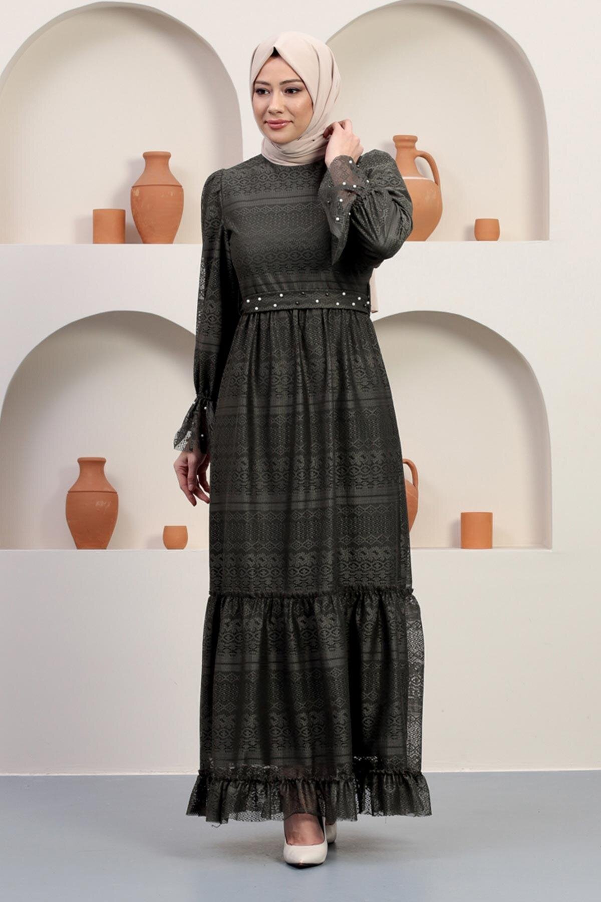 Modest Lace Pearl-Detail Evening Dress - Khaki - Modamihram