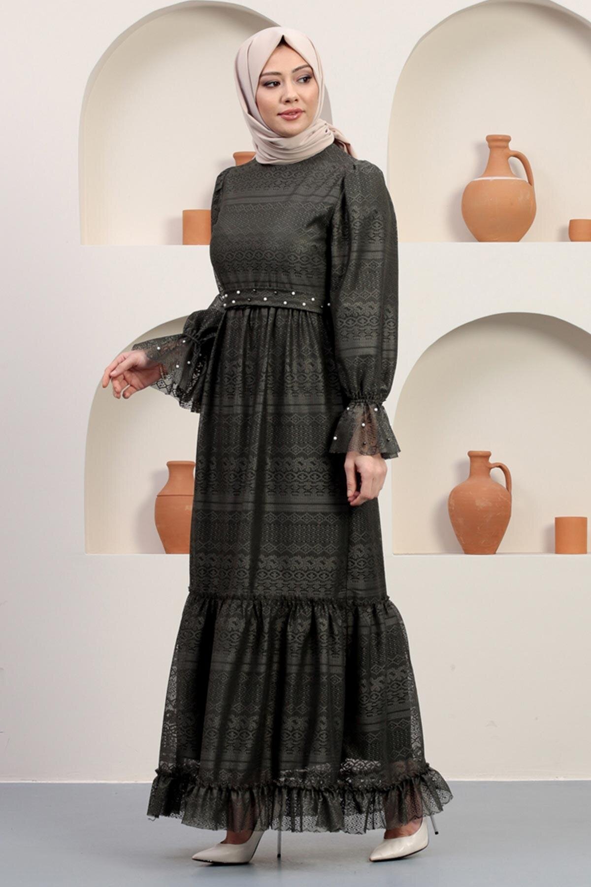 Modest Lace Pearl-Detail Evening Dress - Khaki - Modamihram